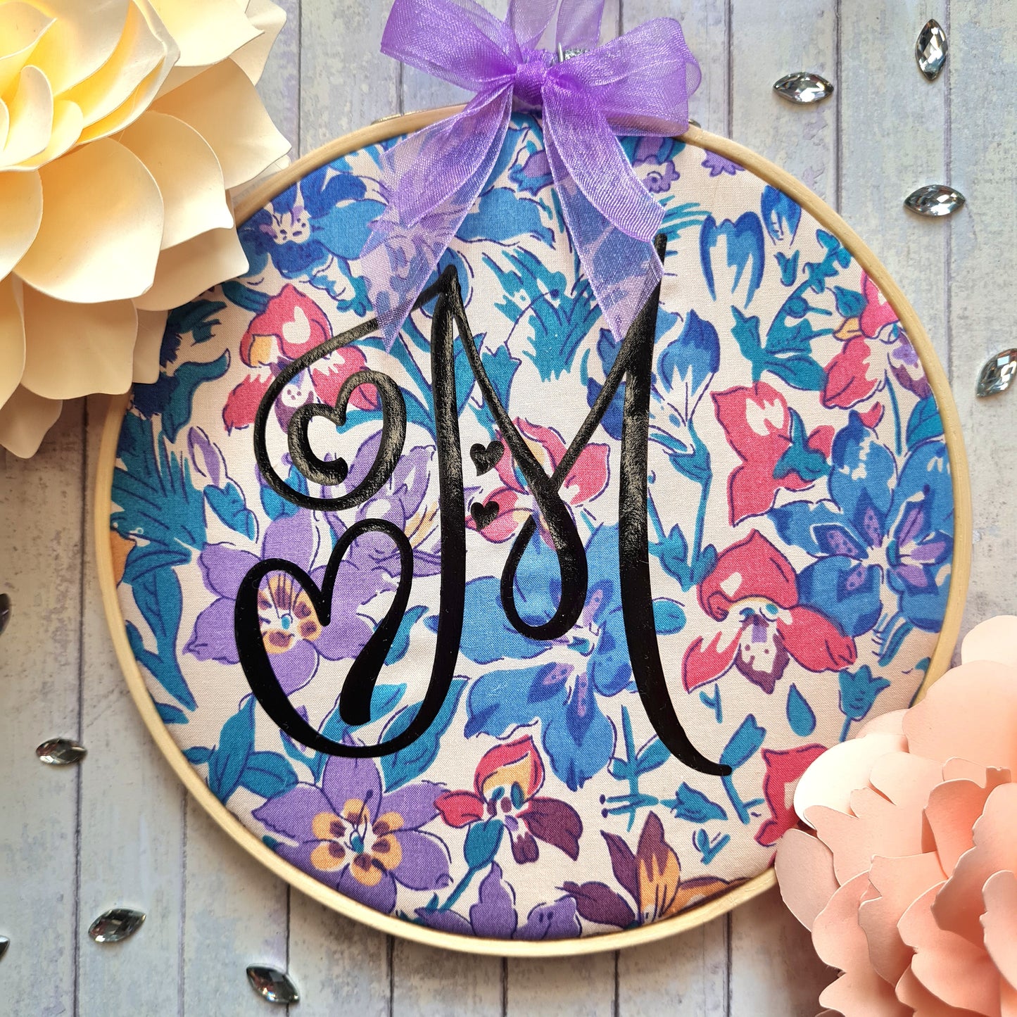 Vintage Liberty fabric hanging hoop with letter M