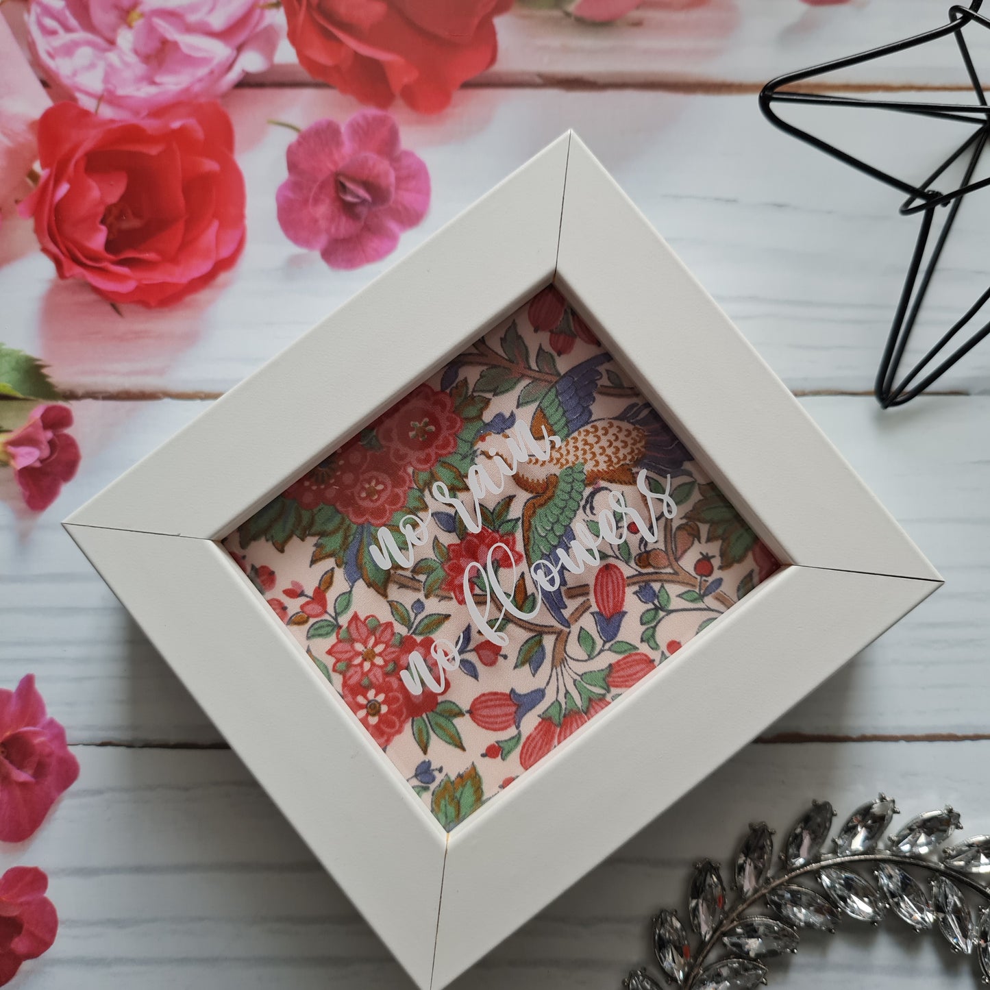 Vintage Liberty print mini shadow box with no rain, no flowers quote
