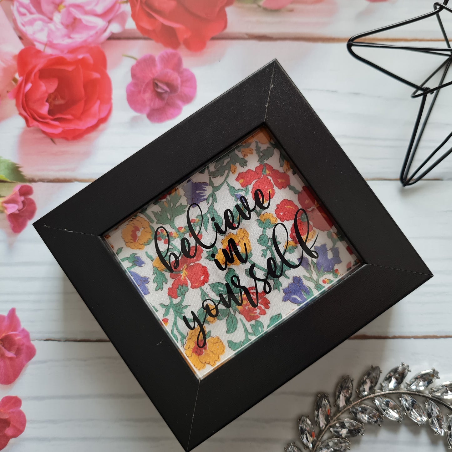 Vintage Liberty print mini shadow box with believe in yourself quote