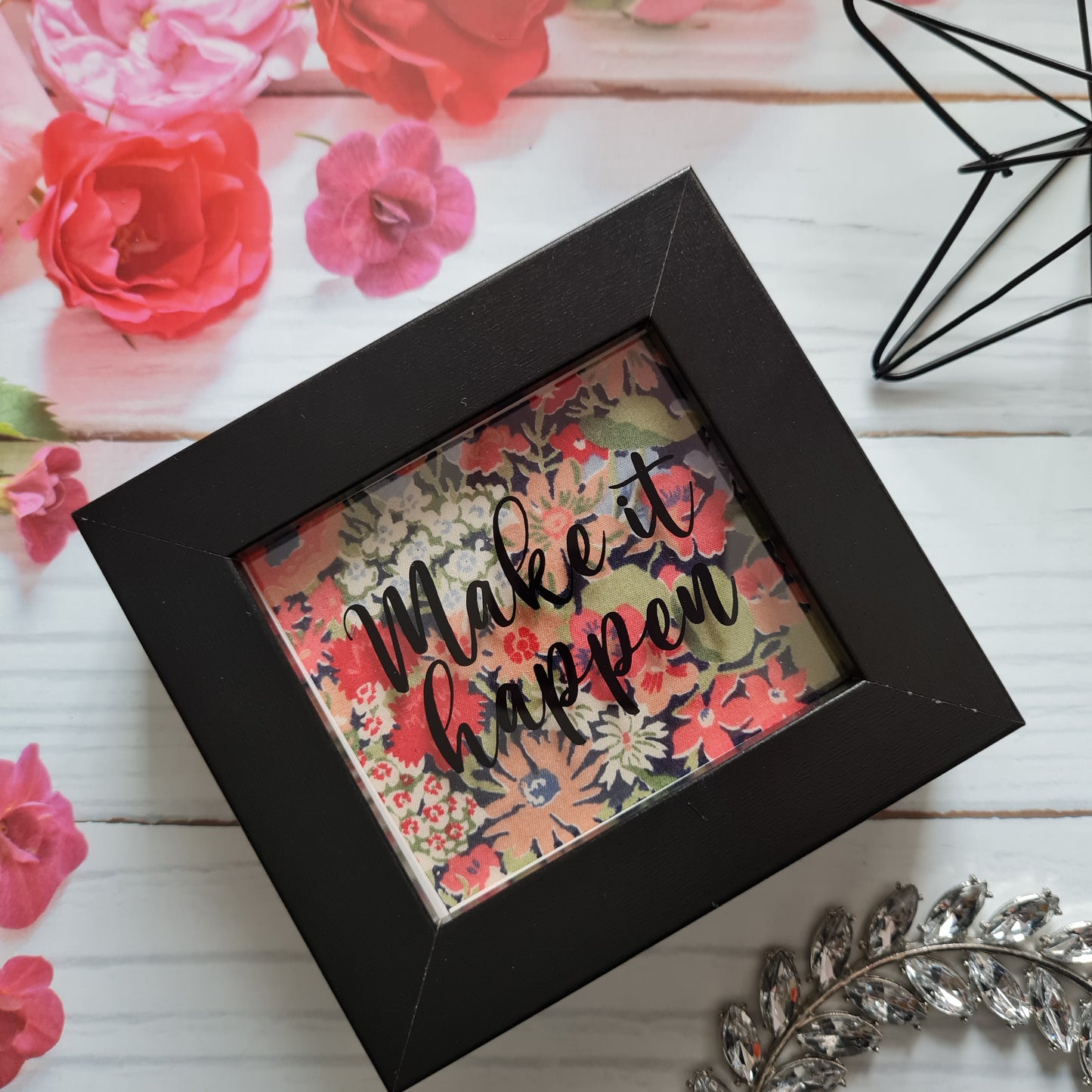 Vintage Liberty print mini shadow box with make it happen quote
