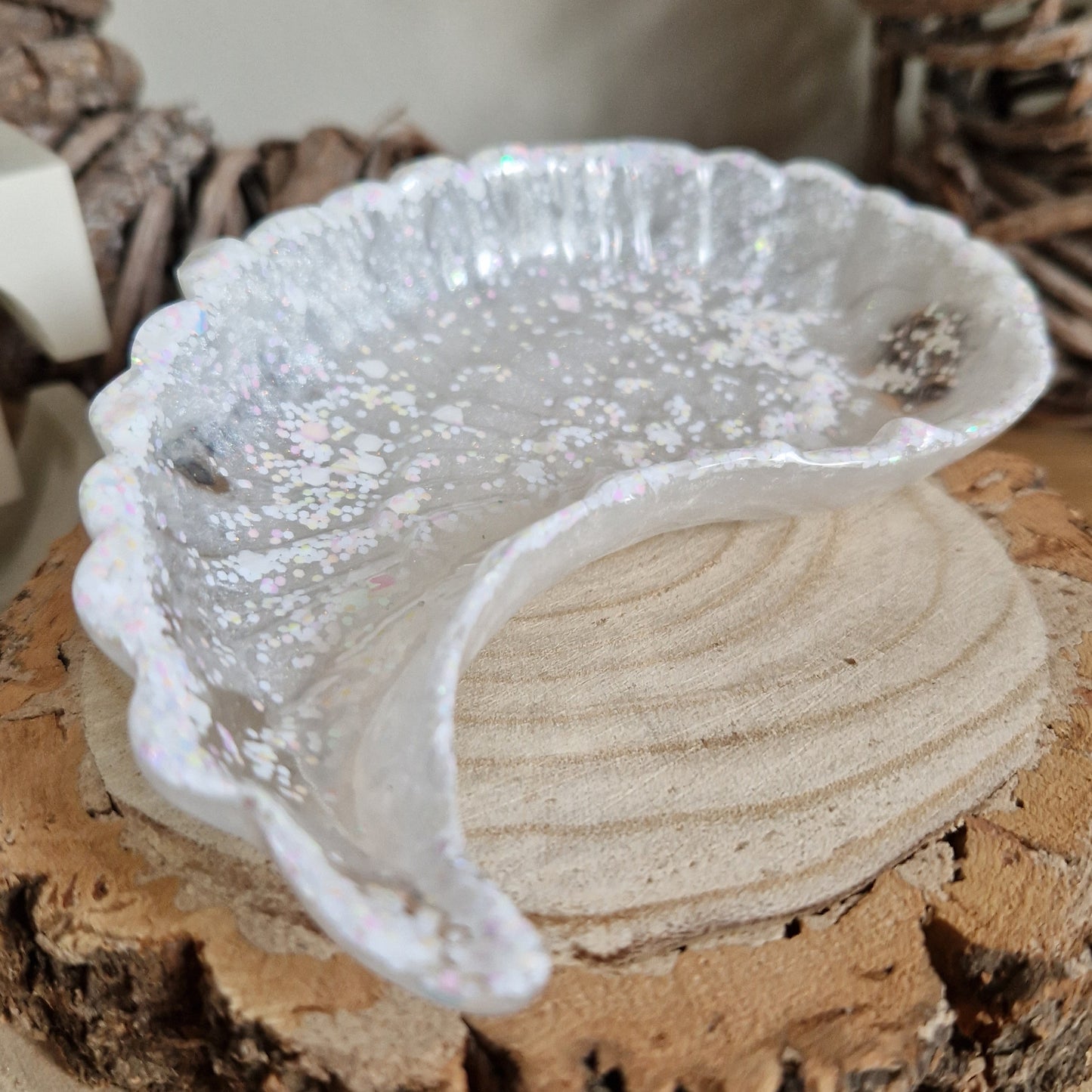Resin Angel Wing Trinket Dish - White Sparkle