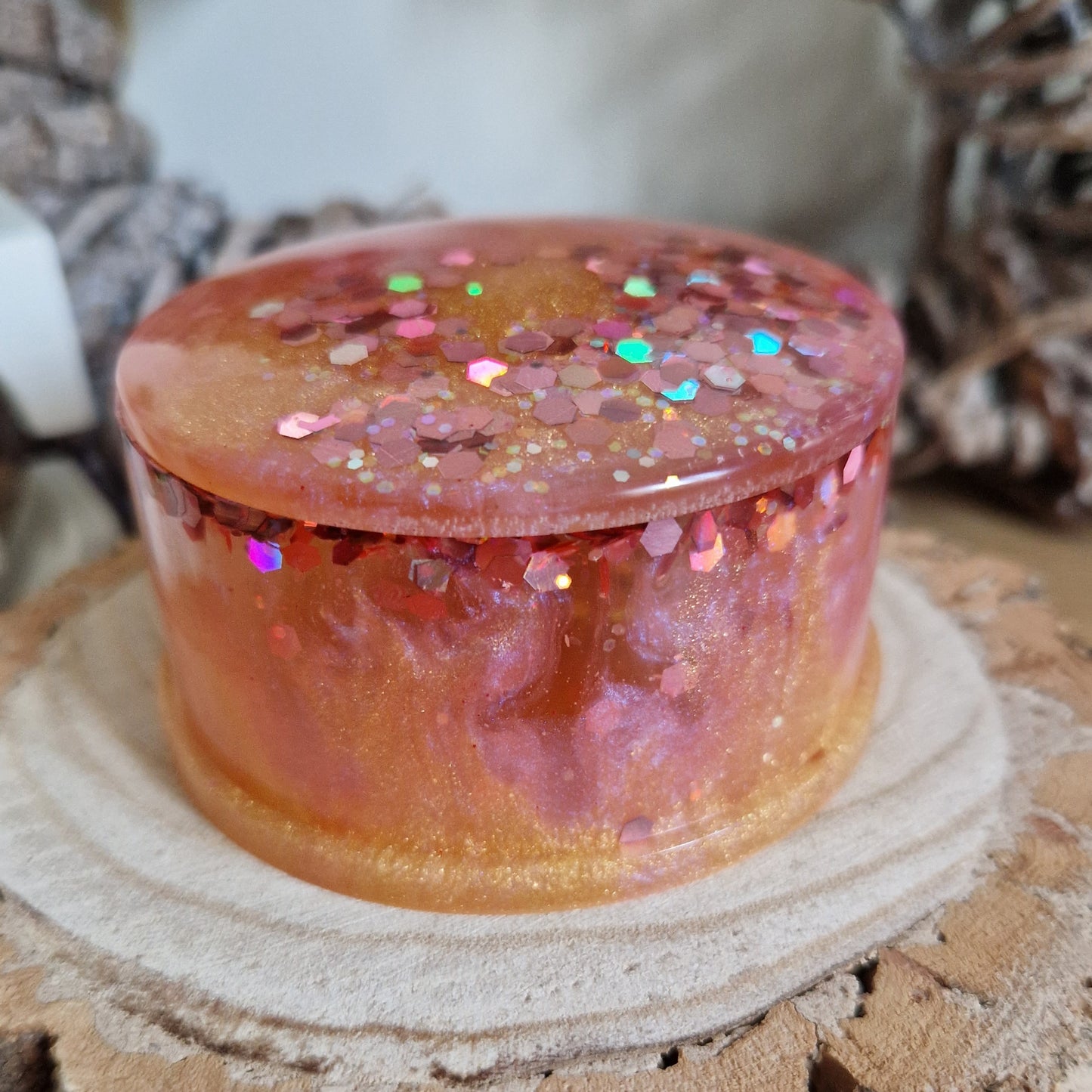 Resin Round Trinket Box - Peach Sparkle