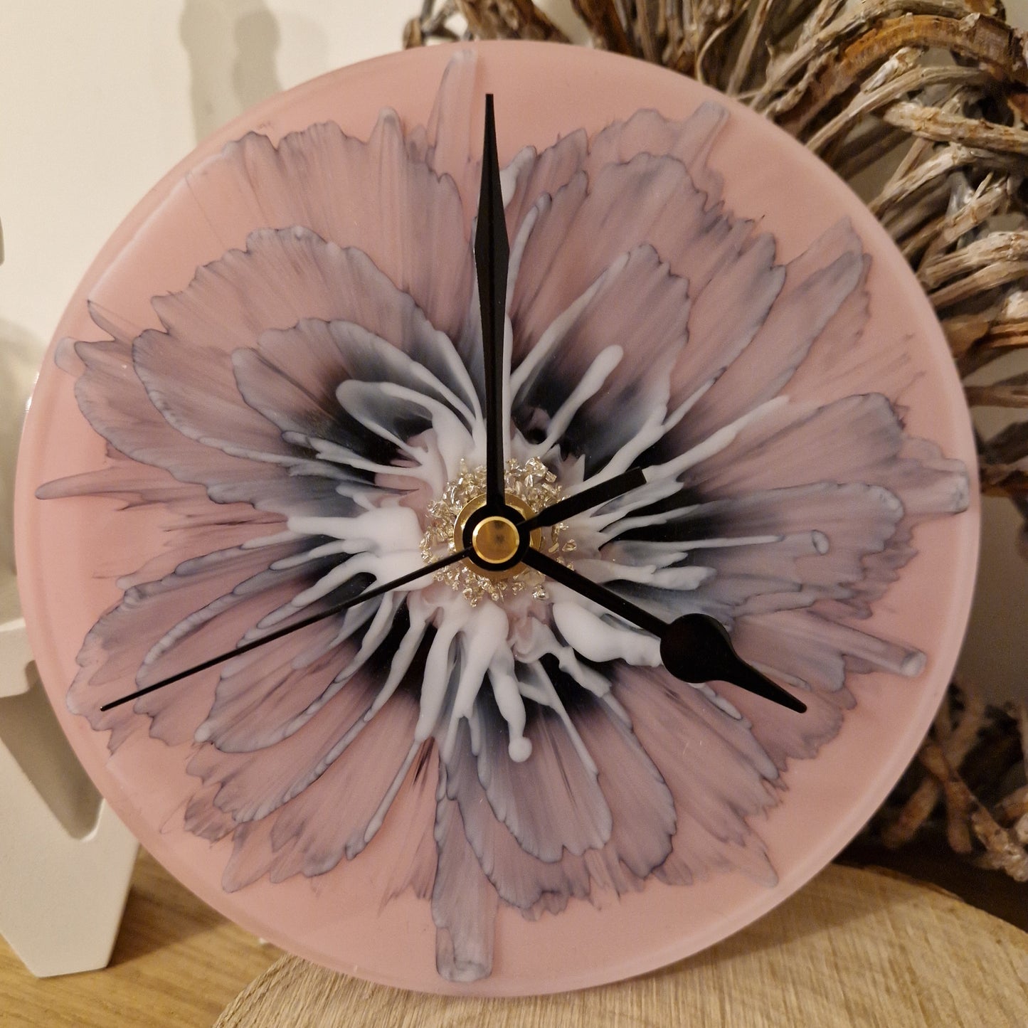 Pink and black resin bloom clock