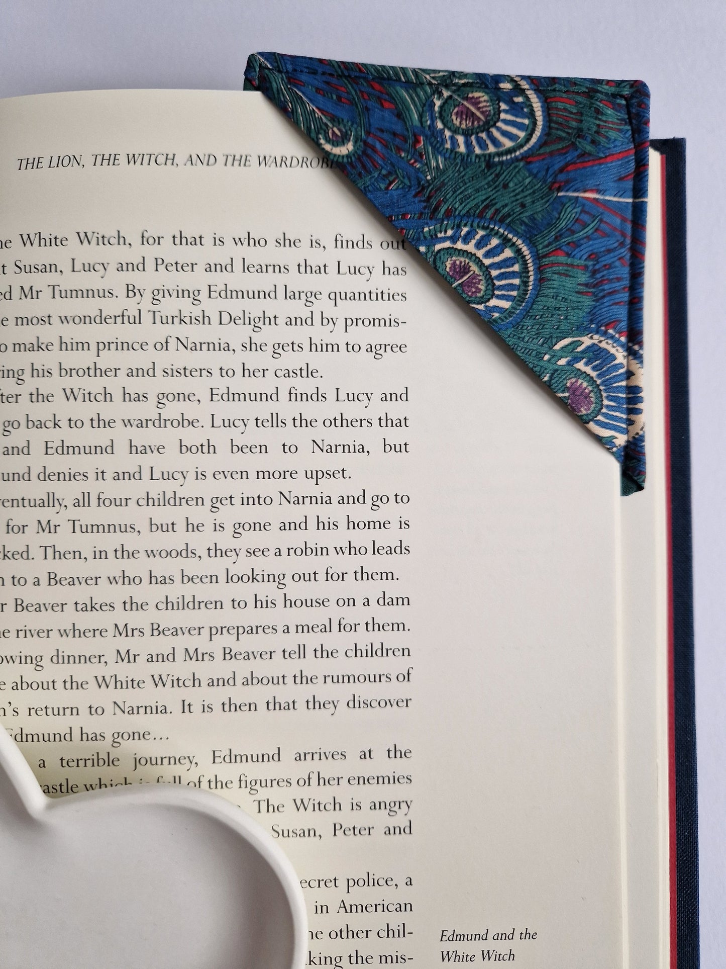 Vintage Liberty green and blue peacock print corner bookmark