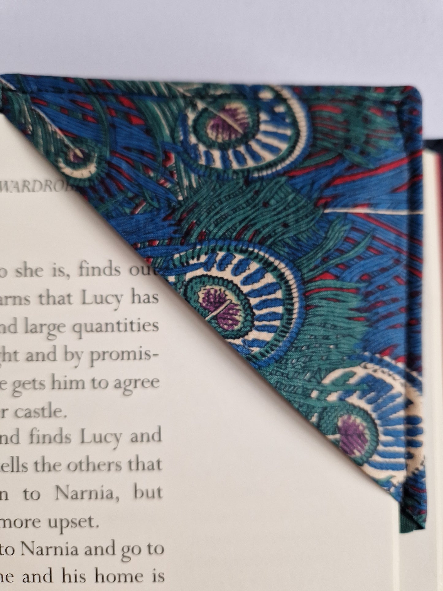 Vintage Liberty green and blue peacock print corner bookmark
