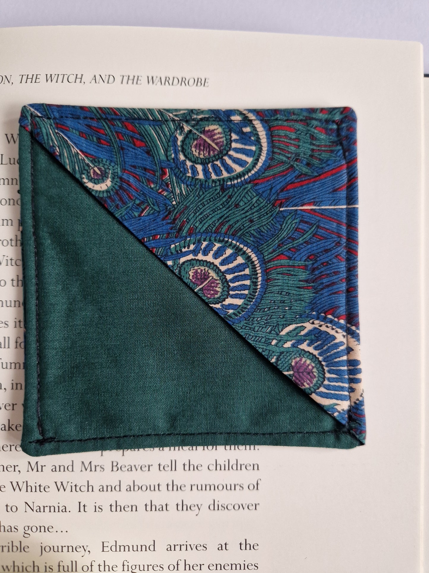 Vintage Liberty green and blue peacock print corner bookmark
