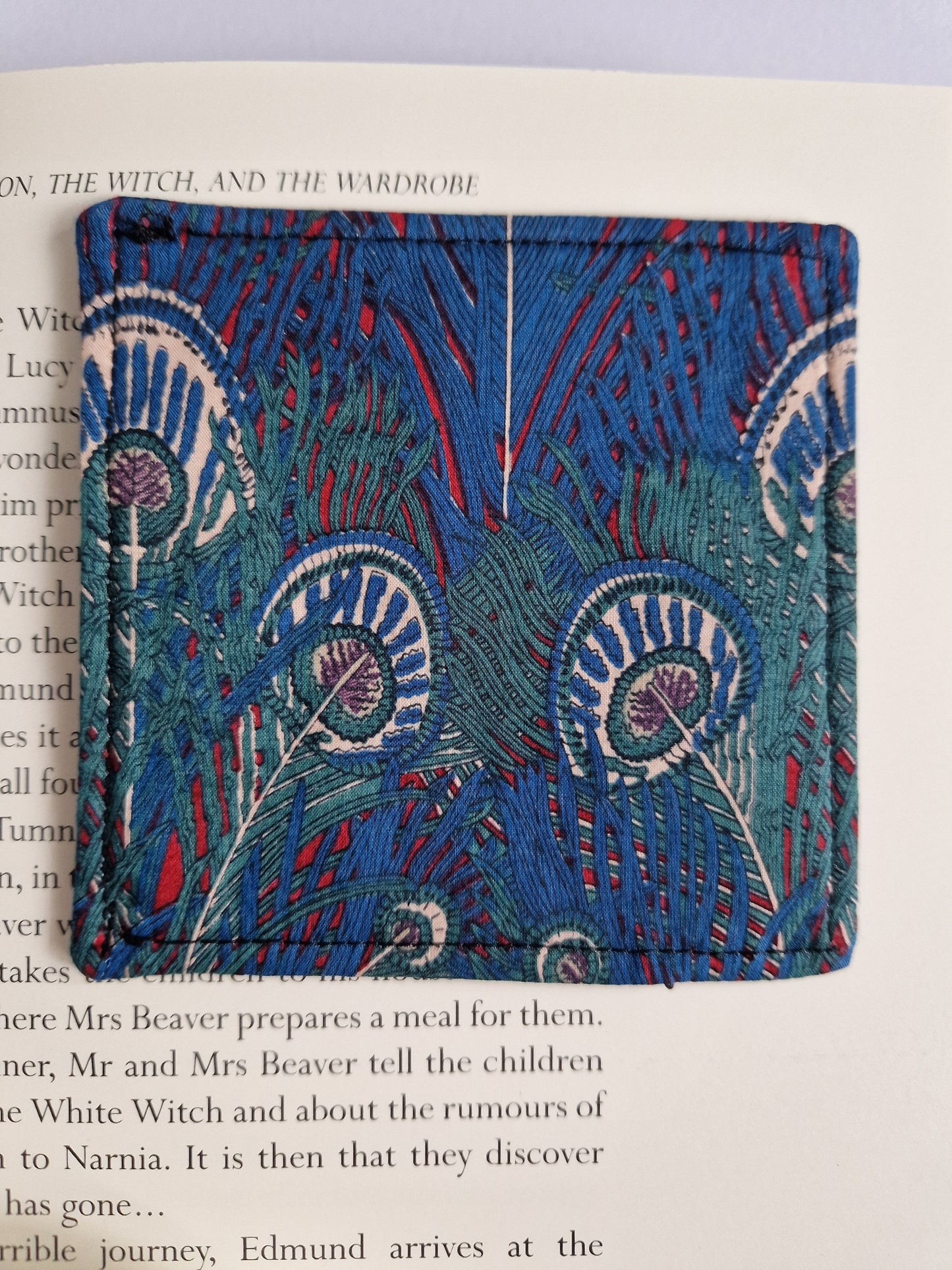 Vintage Liberty green and blue peacock print corner bookmark