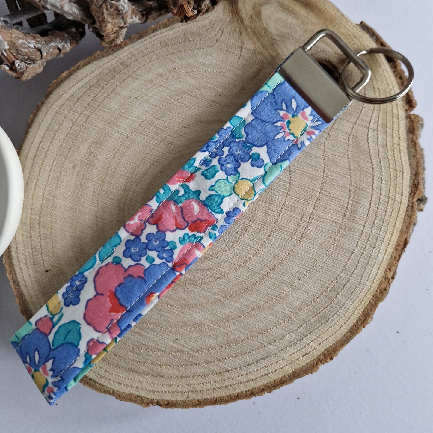 Vintage Liberty wrist keyring in blue and red floral print