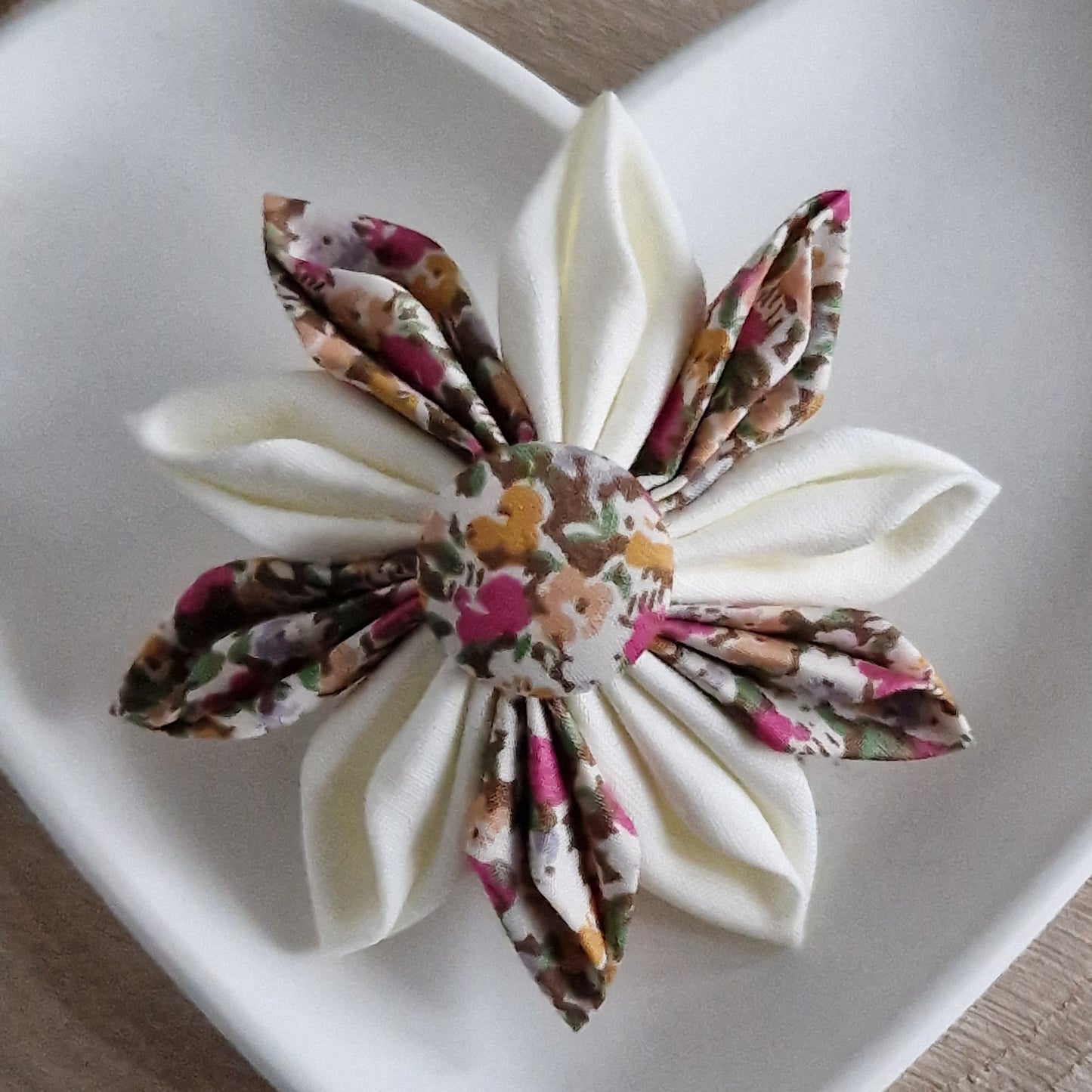 Jennifer - Vintage Liberty fabric kanzashi-style flower brooch - ditsy floral print with cream