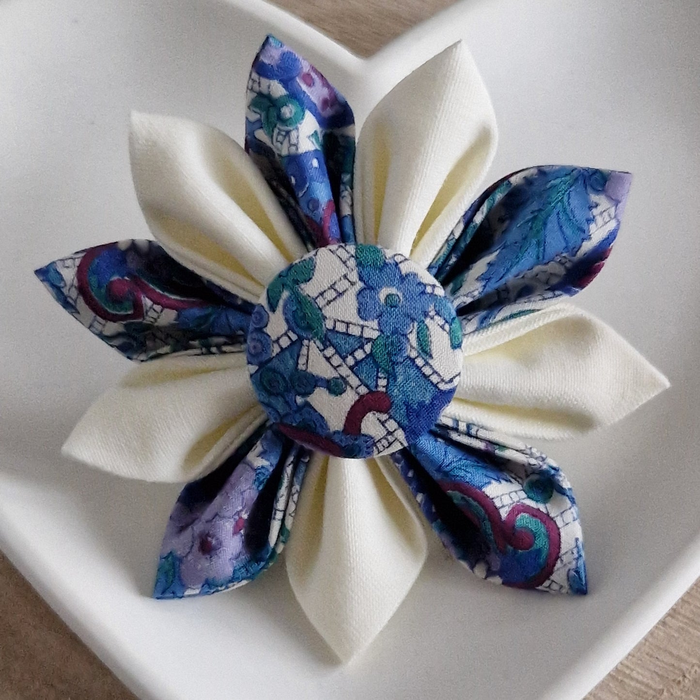 Charlotte - Vintage Liberty fabric kanzashi-style flower brooch - blue floral print