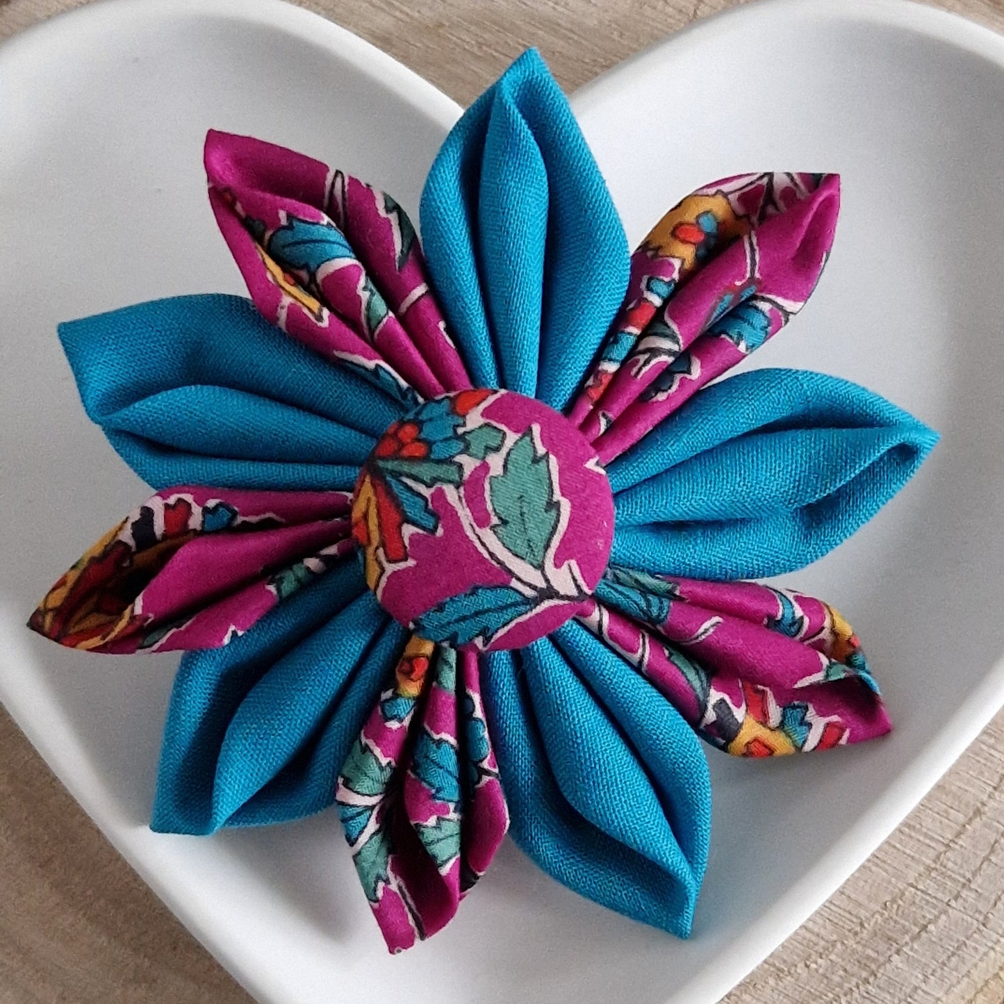 Olivia - Vintage Liberty fabric kanzashi-style flower brooch - deep pink floral print with turquoise