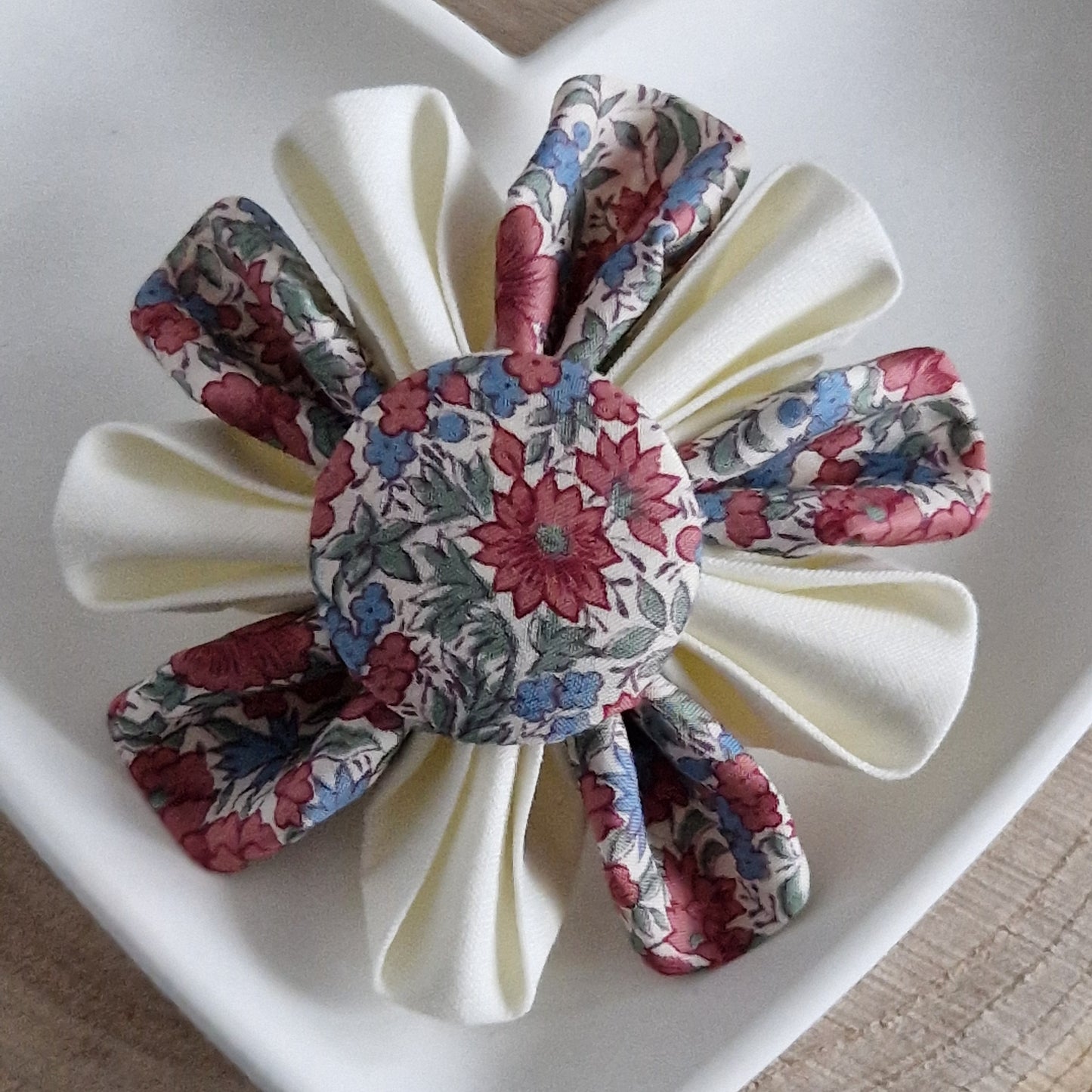Jessica - Vintage Liberty fabric kanzashi-style flower brooch - rust and blue floral print with cream