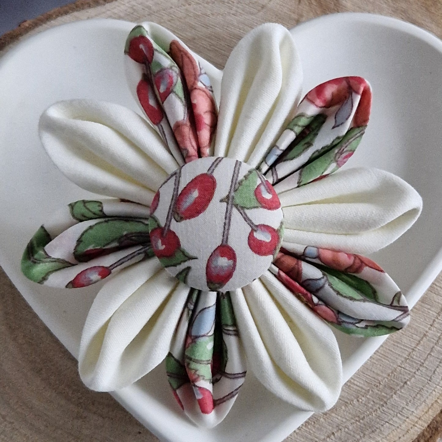 Louisa - Vintage Liberty fabric kanzashi-style flower brooch - red rosehip print