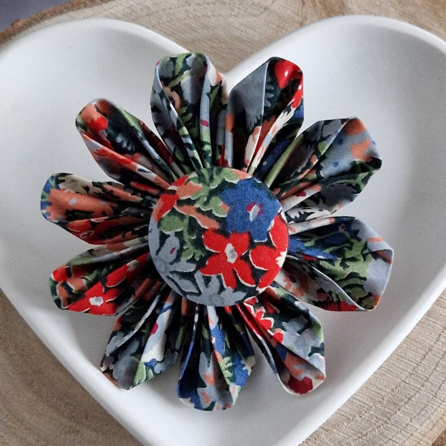 Florence - Vintage Liberty fabric kanzashi-style flower brooch - orange and grey floral print