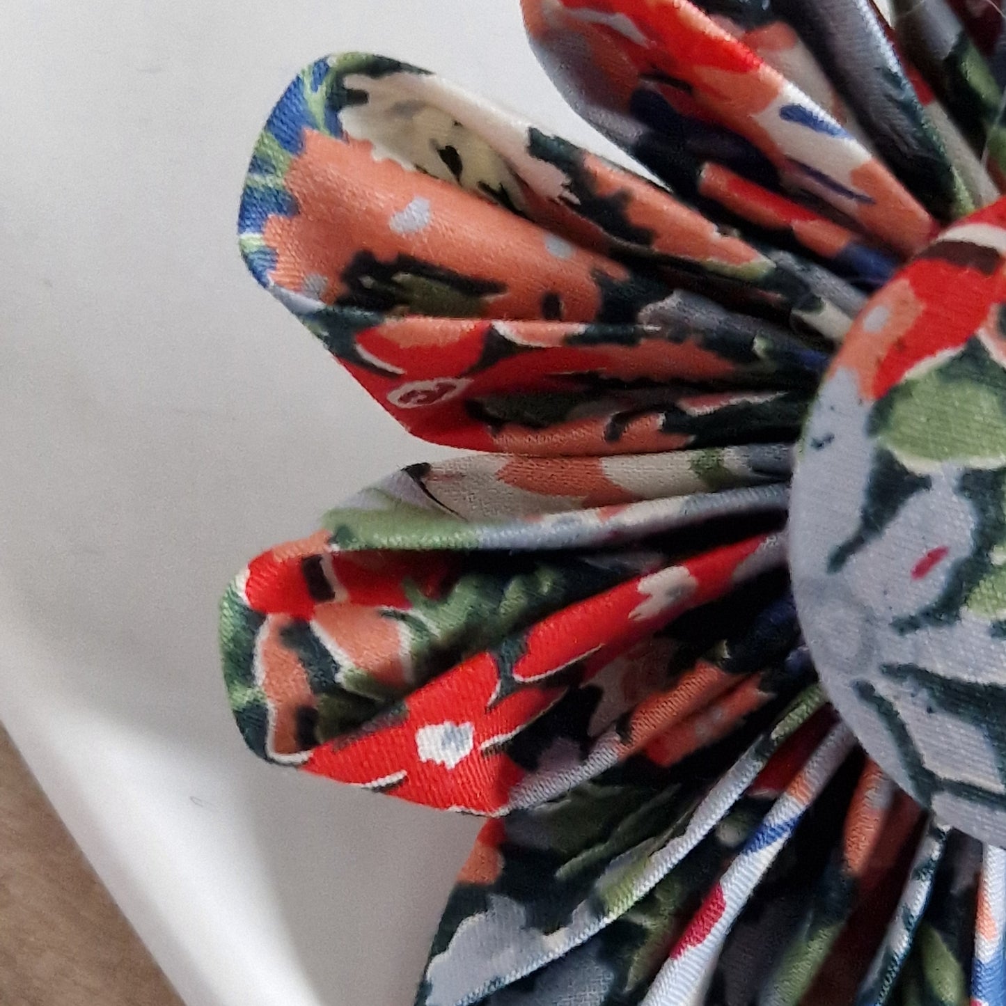 Florence - Vintage Liberty fabric kanzashi-style flower brooch - orange and grey floral print