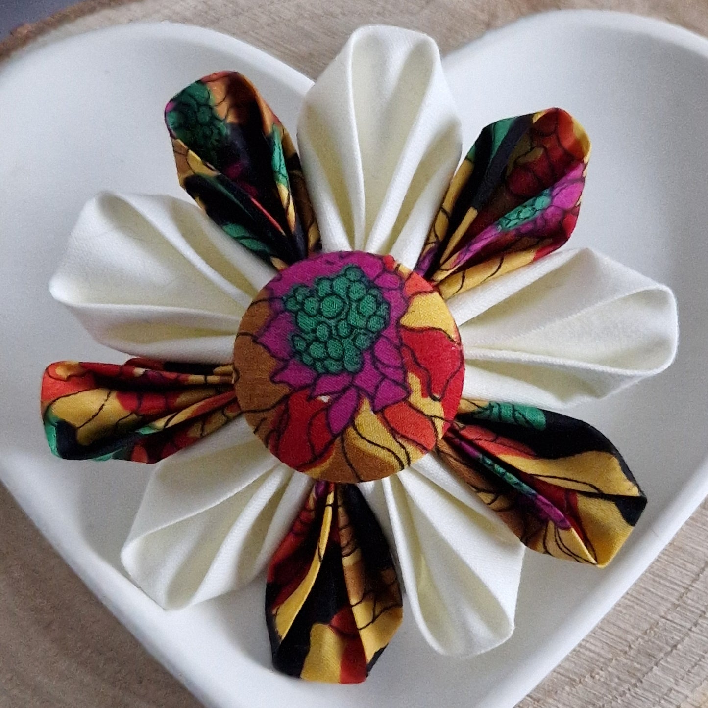 Amelia - Vintage Liberty fabric kanzashi-style flower brooch - Yellow, orange, black and pink
