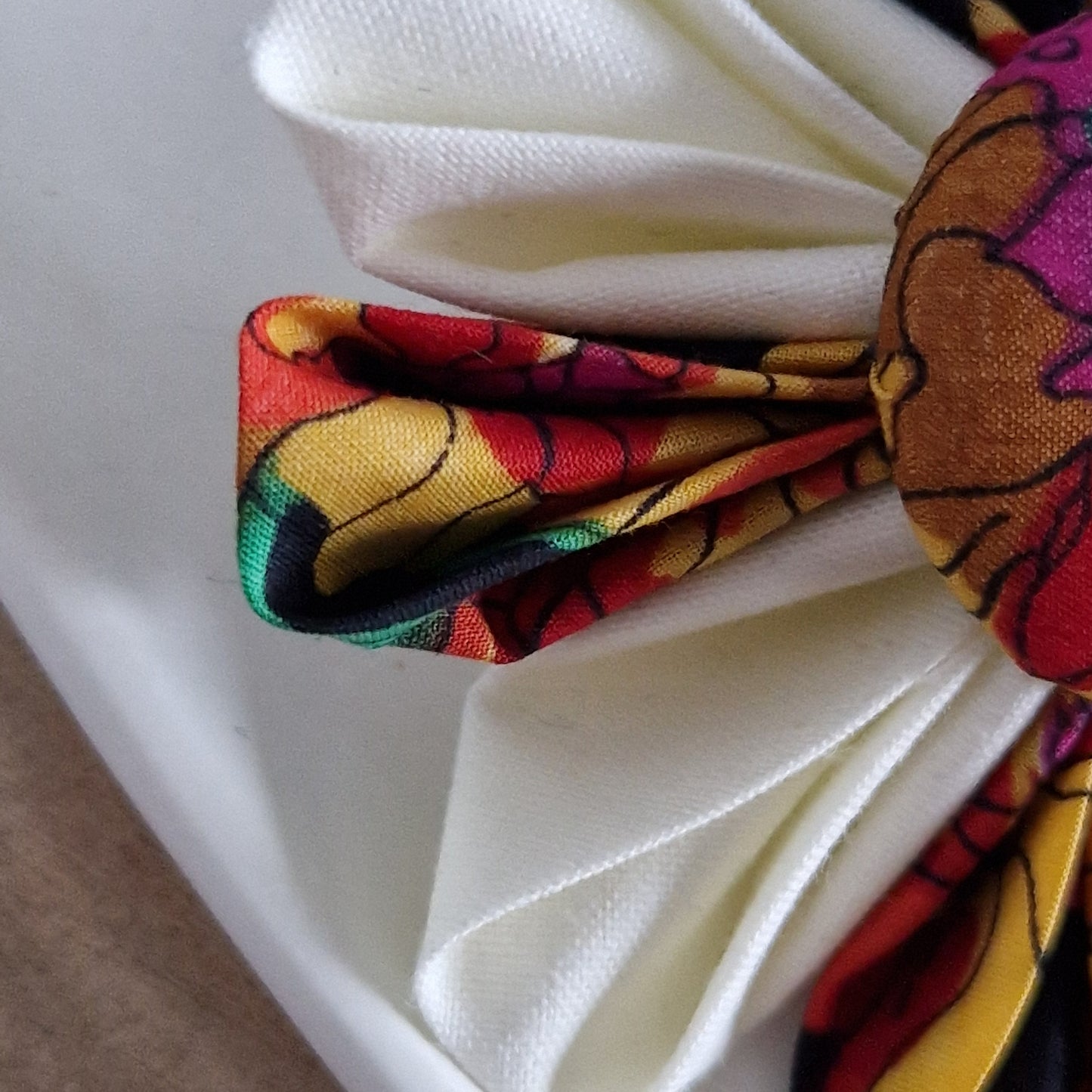 Amelia - Vintage Liberty fabric kanzashi-style flower brooch - Yellow, orange, black and pink