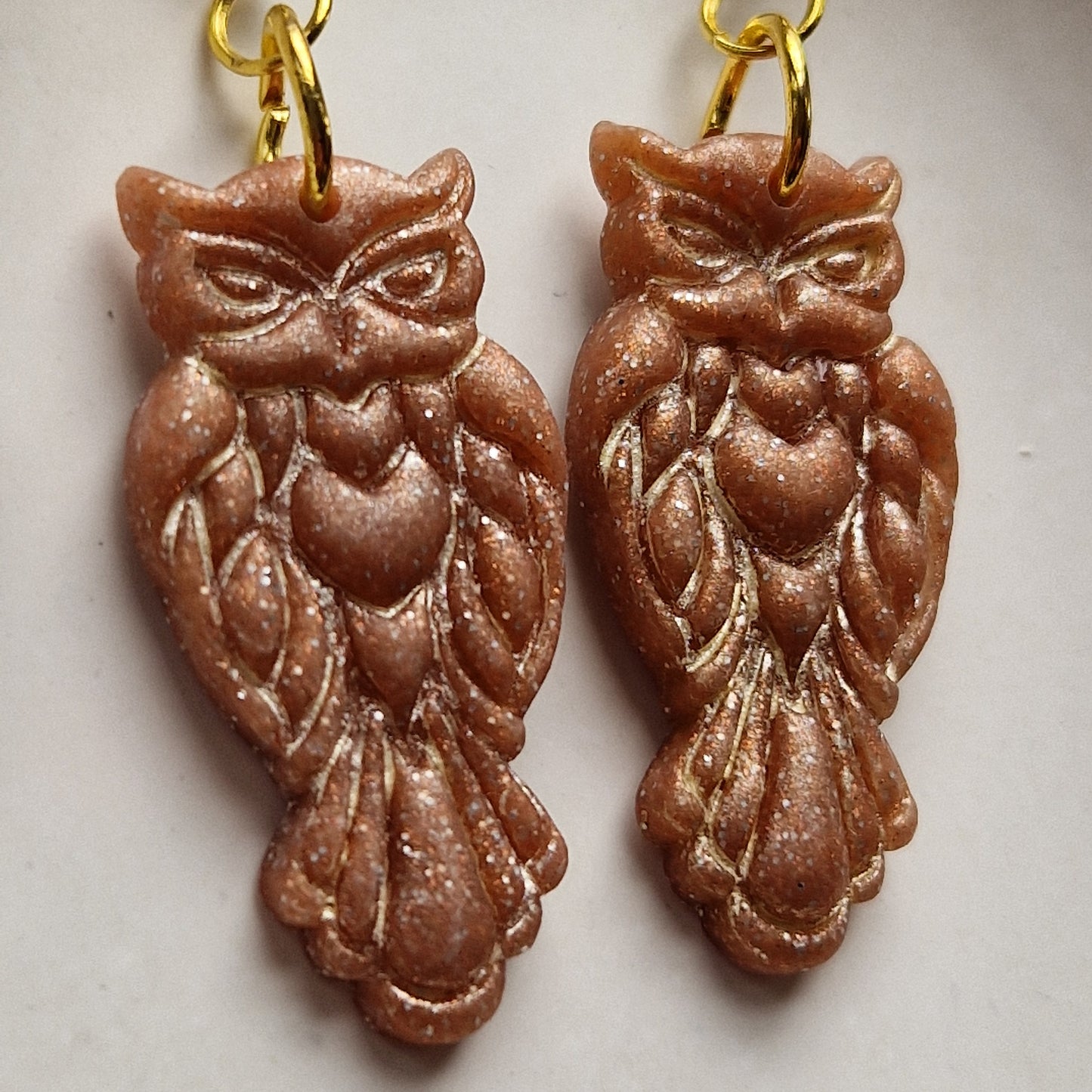 Clay Owl Earrings - Leandra in Rose Gold Glitter