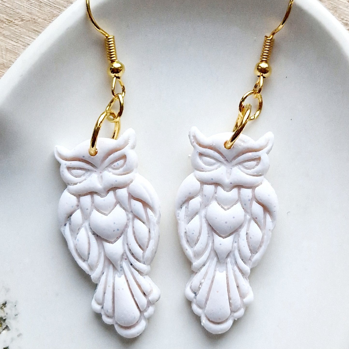 Clay Owl Earrings - Leandra in White Glitter
