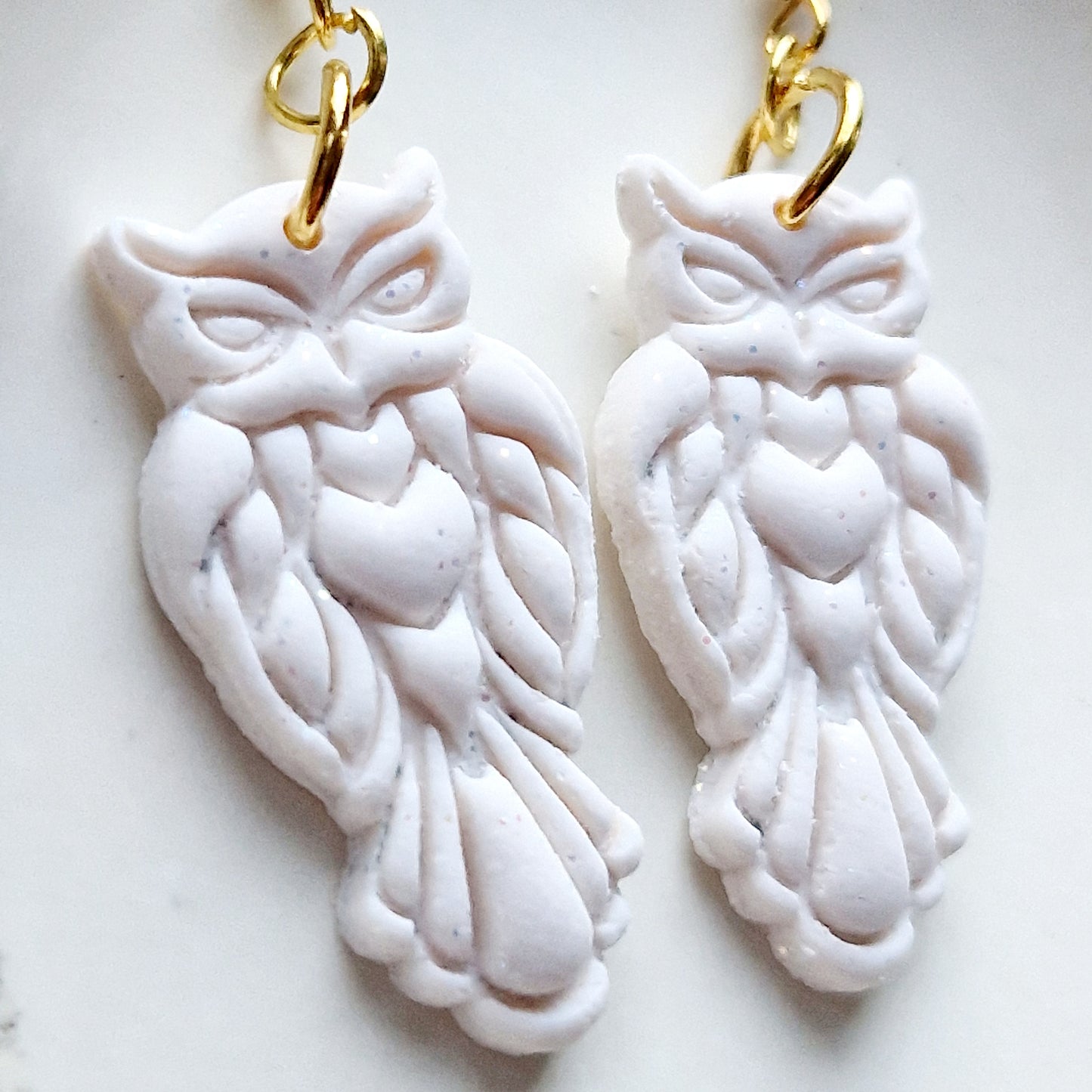 Clay Owl Earrings - Leandra in White Glitter
