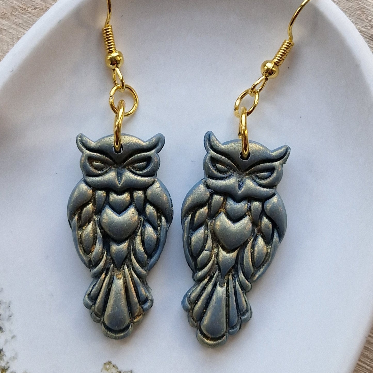 Clay Owl Earrings - Leandra in Deep Green