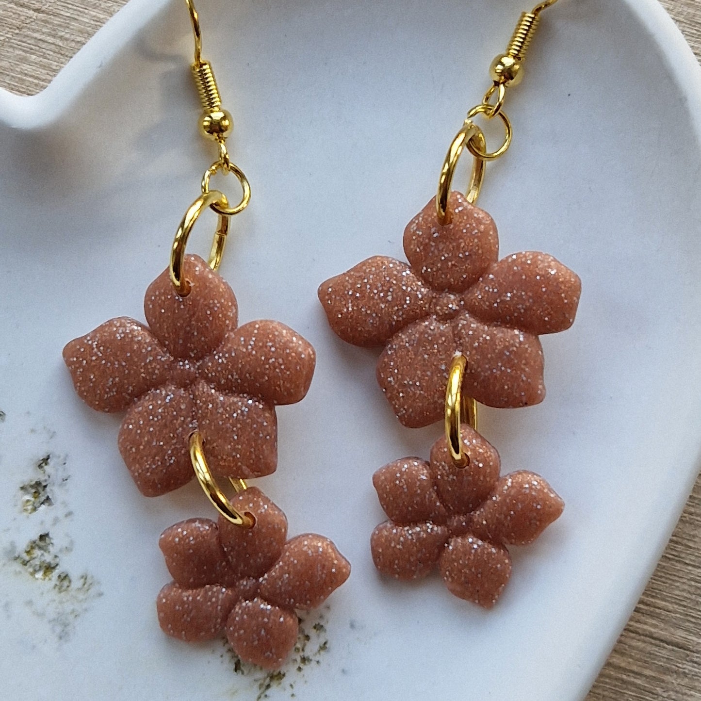 Clay Flower Earrings - Isabella - Rose Gold Glitter