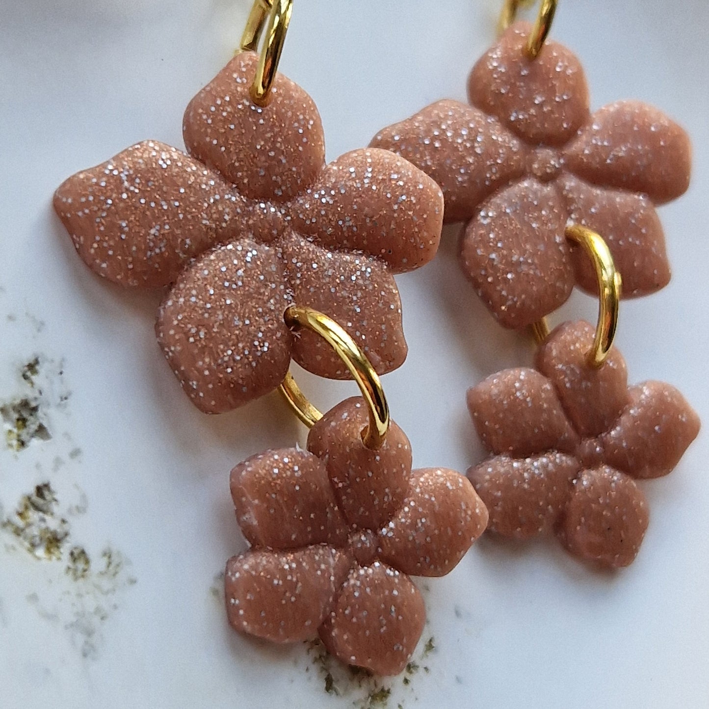 Clay Flower Earrings - Isabella - Rose Gold Glitter