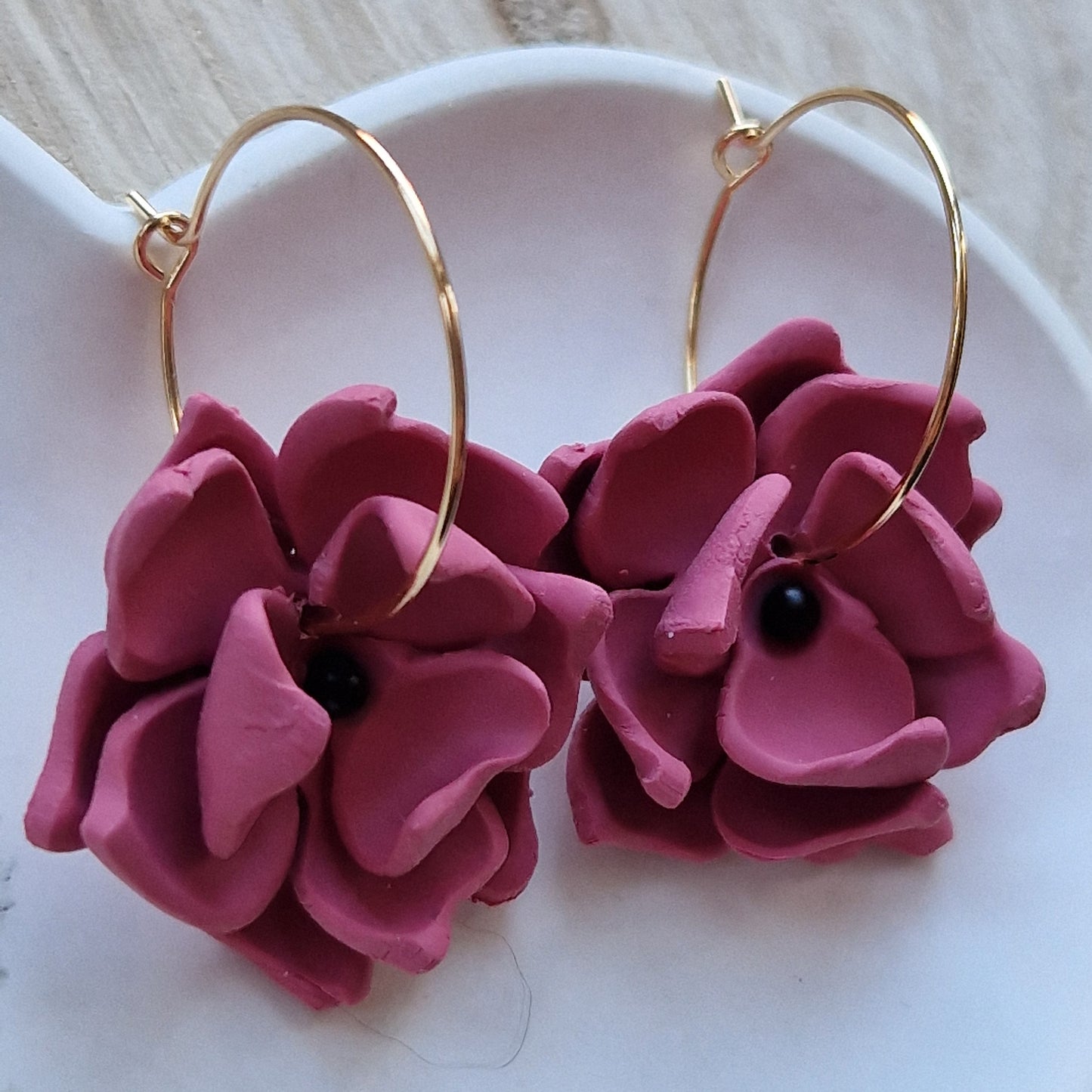 Clay Flower Earrings - Aurora in Deep Rose Pink