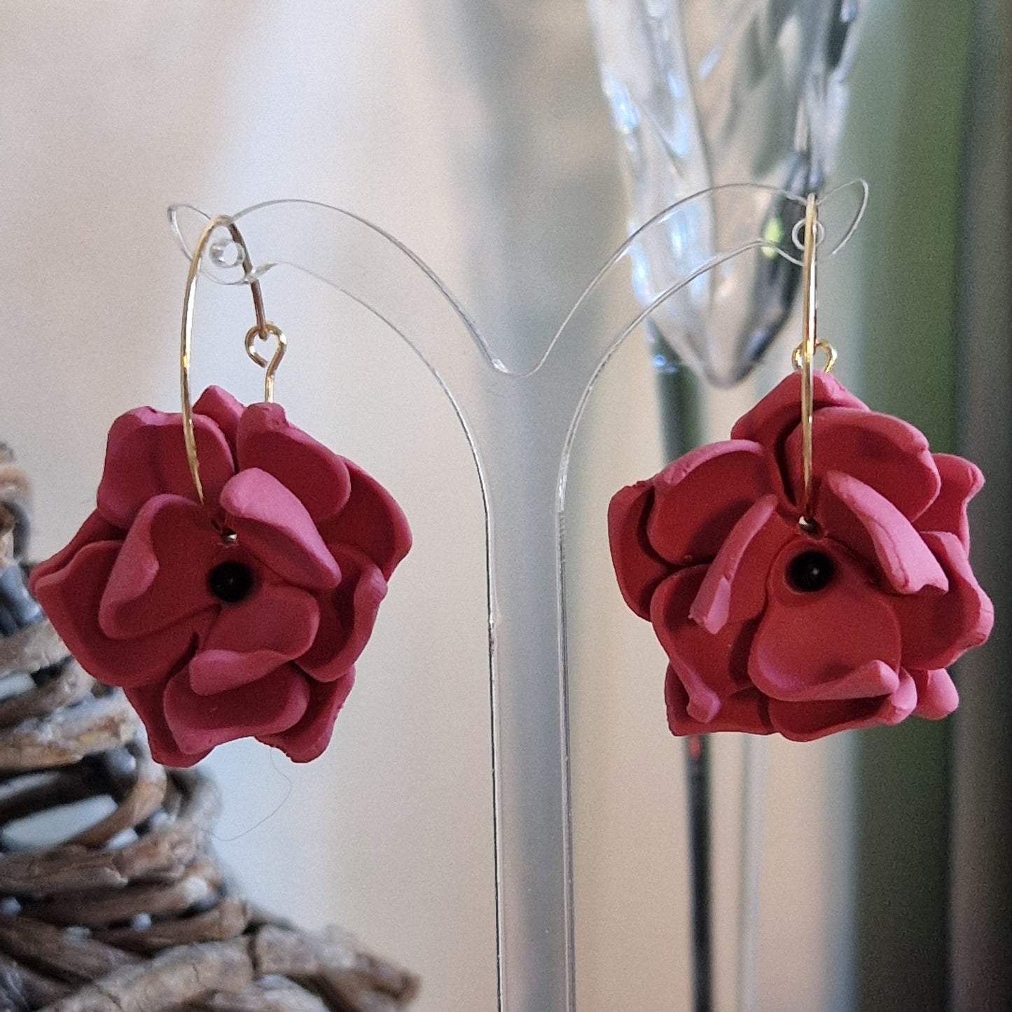 Clay Flower Earrings - Aurora in Deep Rose Pink