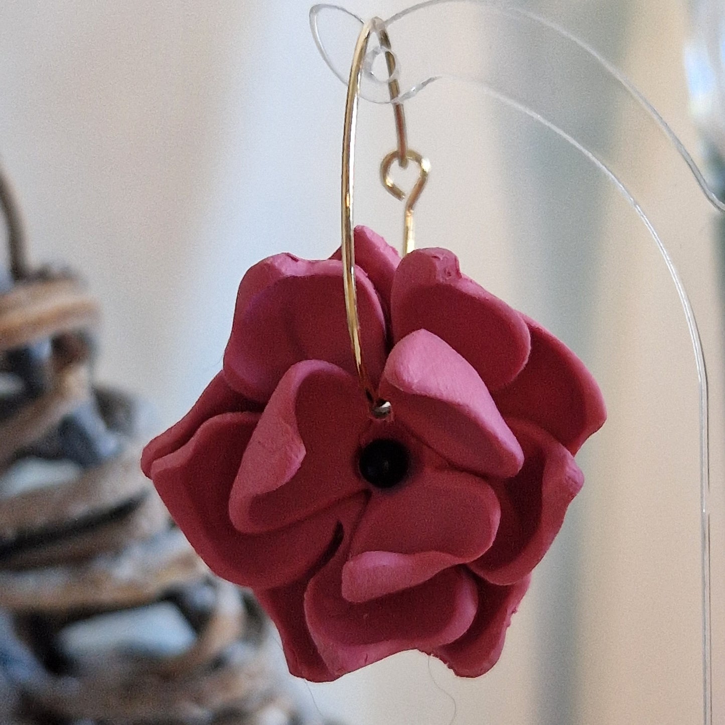 Clay Flower Earrings - Aurora in Deep Rose Pink