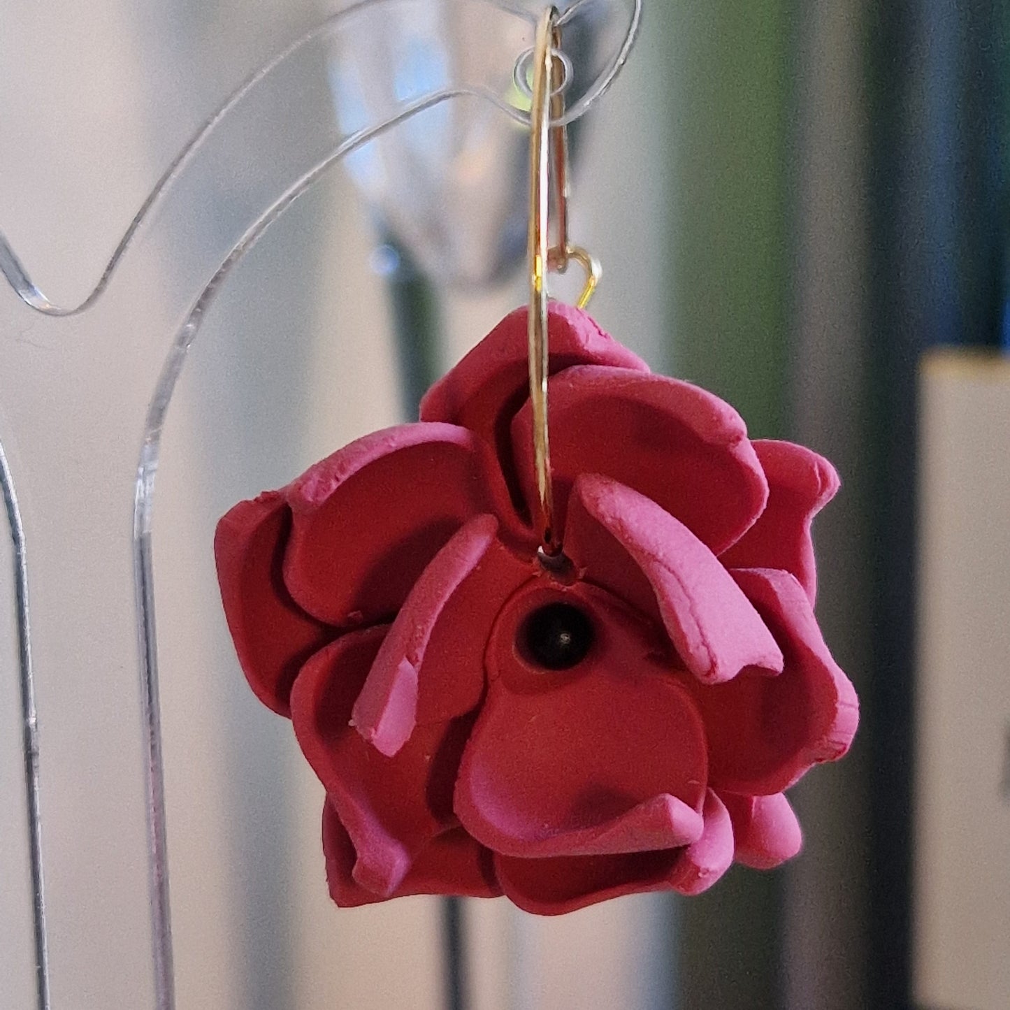 Clay Flower Earrings - Aurora in Deep Rose Pink