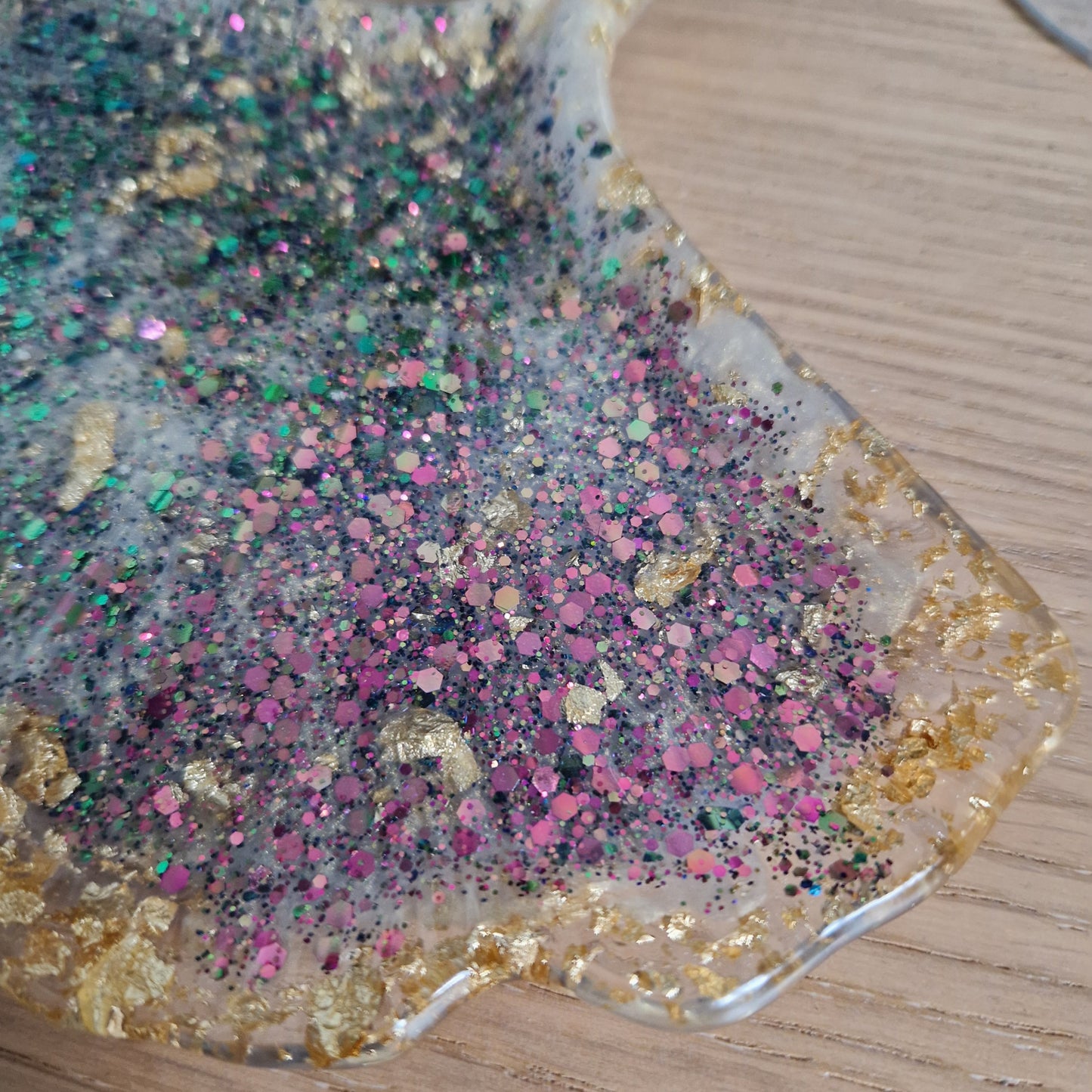 Resin Gingko Leaf Trinket Dish - Pink and Green Sparkle