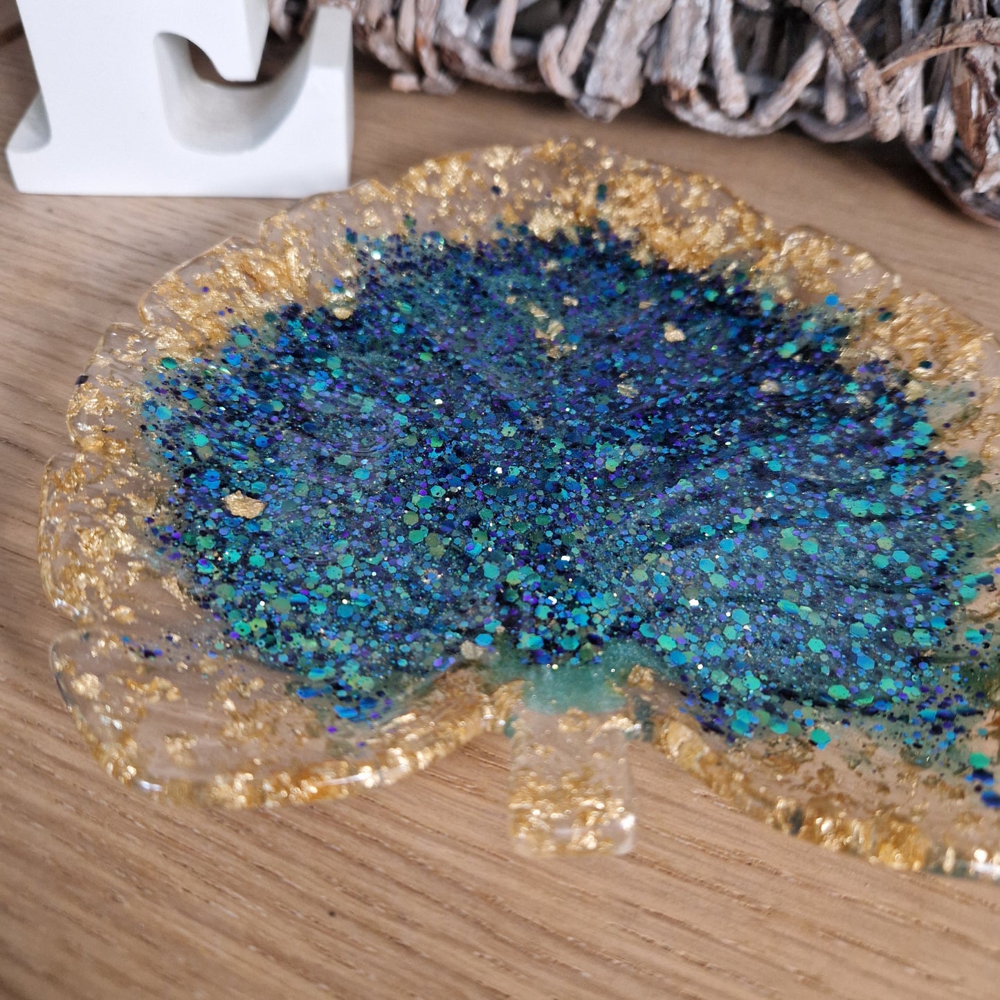 Resin Leaf Trinket Dish - Green and Blue Sparkle