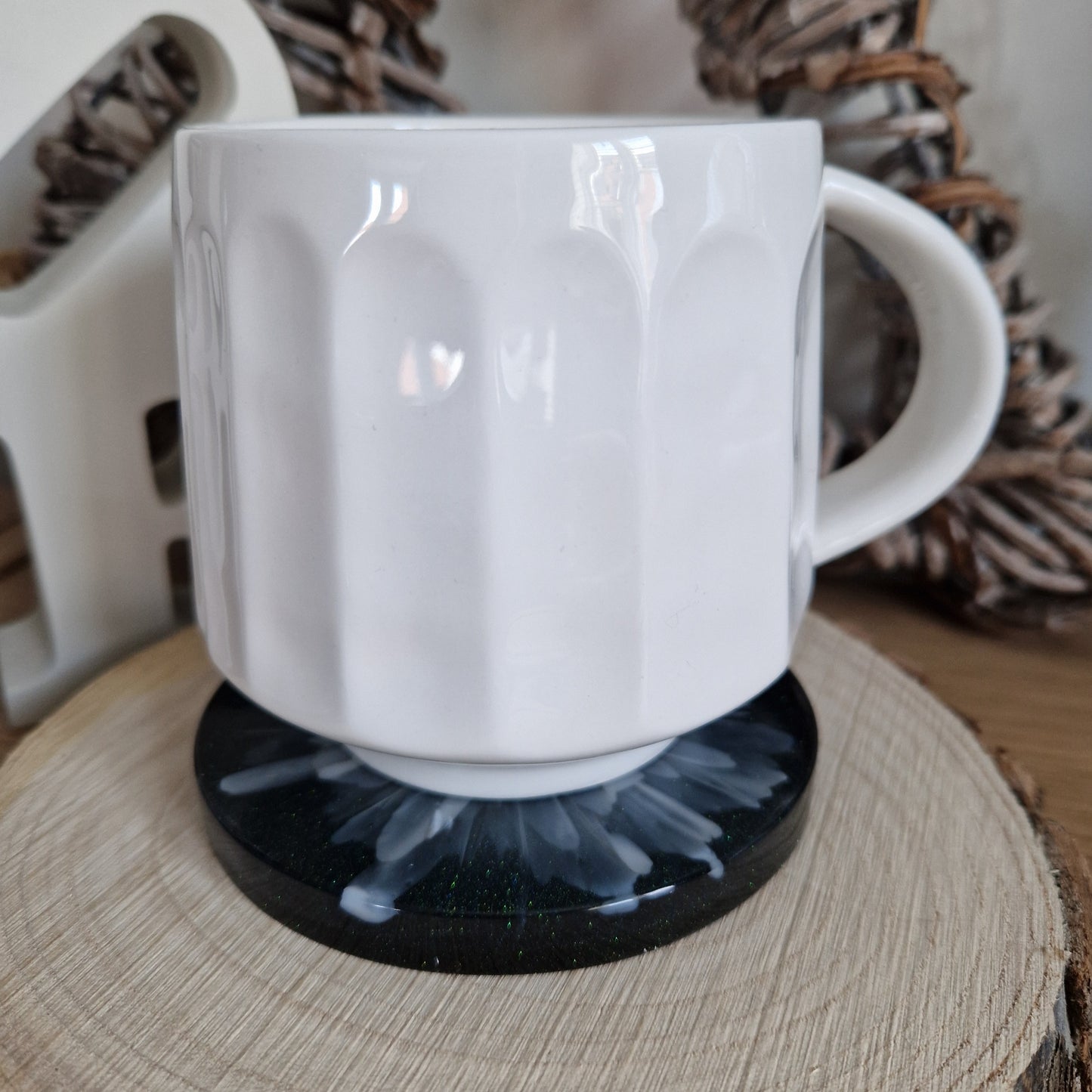 Resin bloom coaster with ivory alcohol ink design