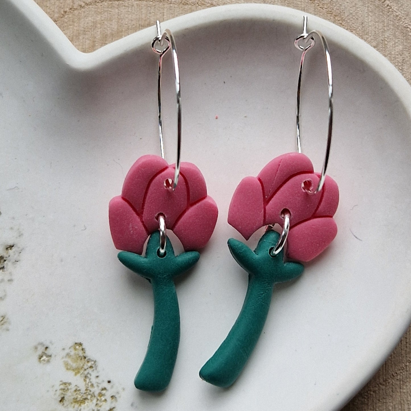 Clay Floral Dangly Earrings - Guava Pink