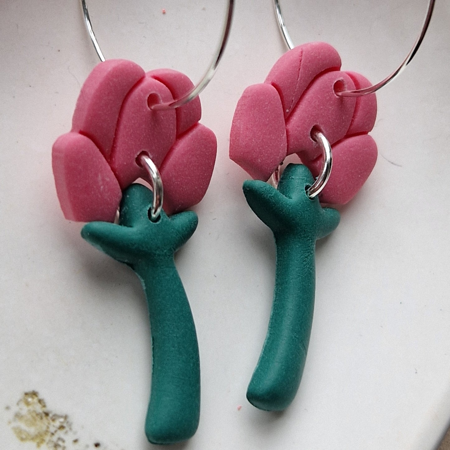 Clay Floral Dangly Earrings - Guava Pink