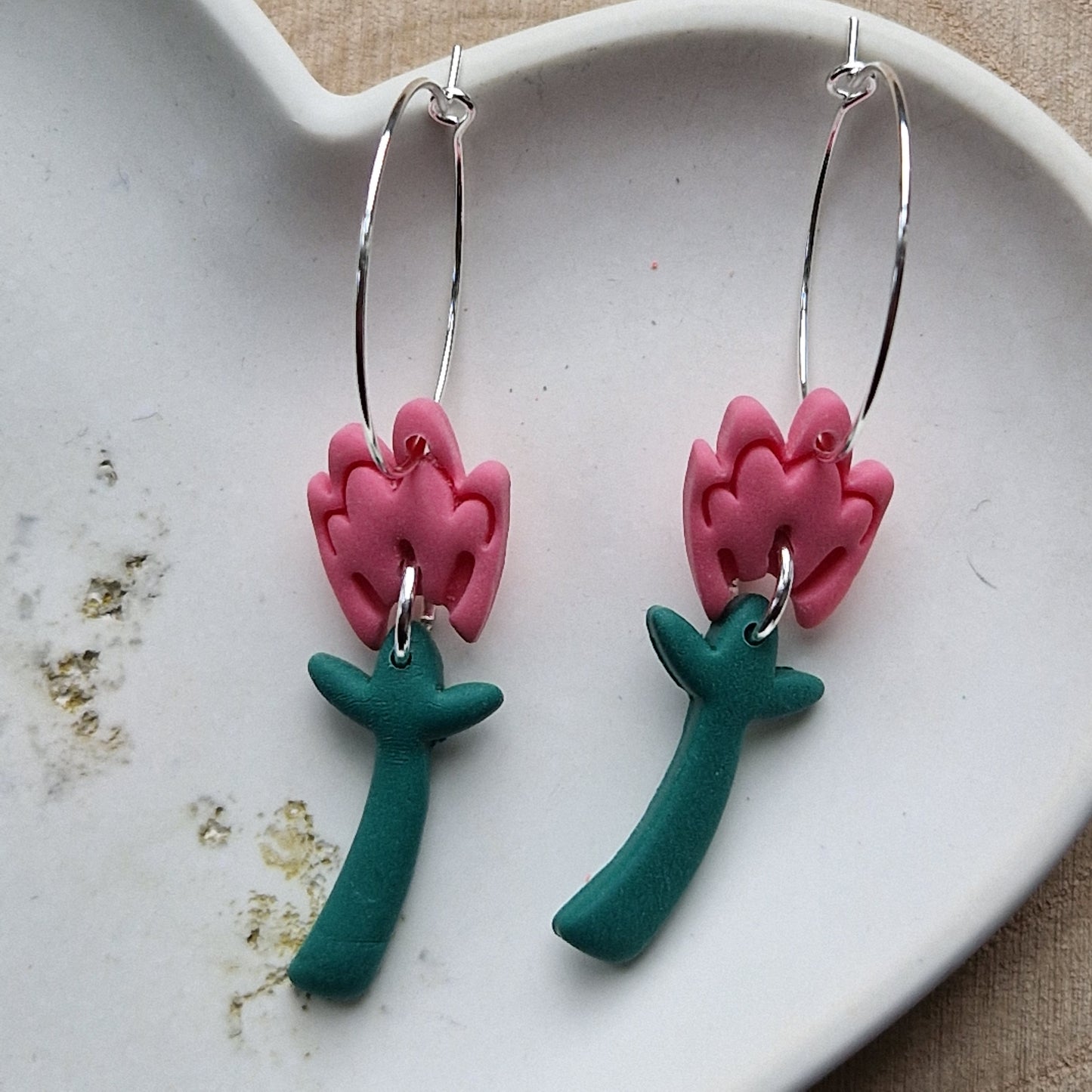 Clay Floral Dangly Earrings - Guava Pink