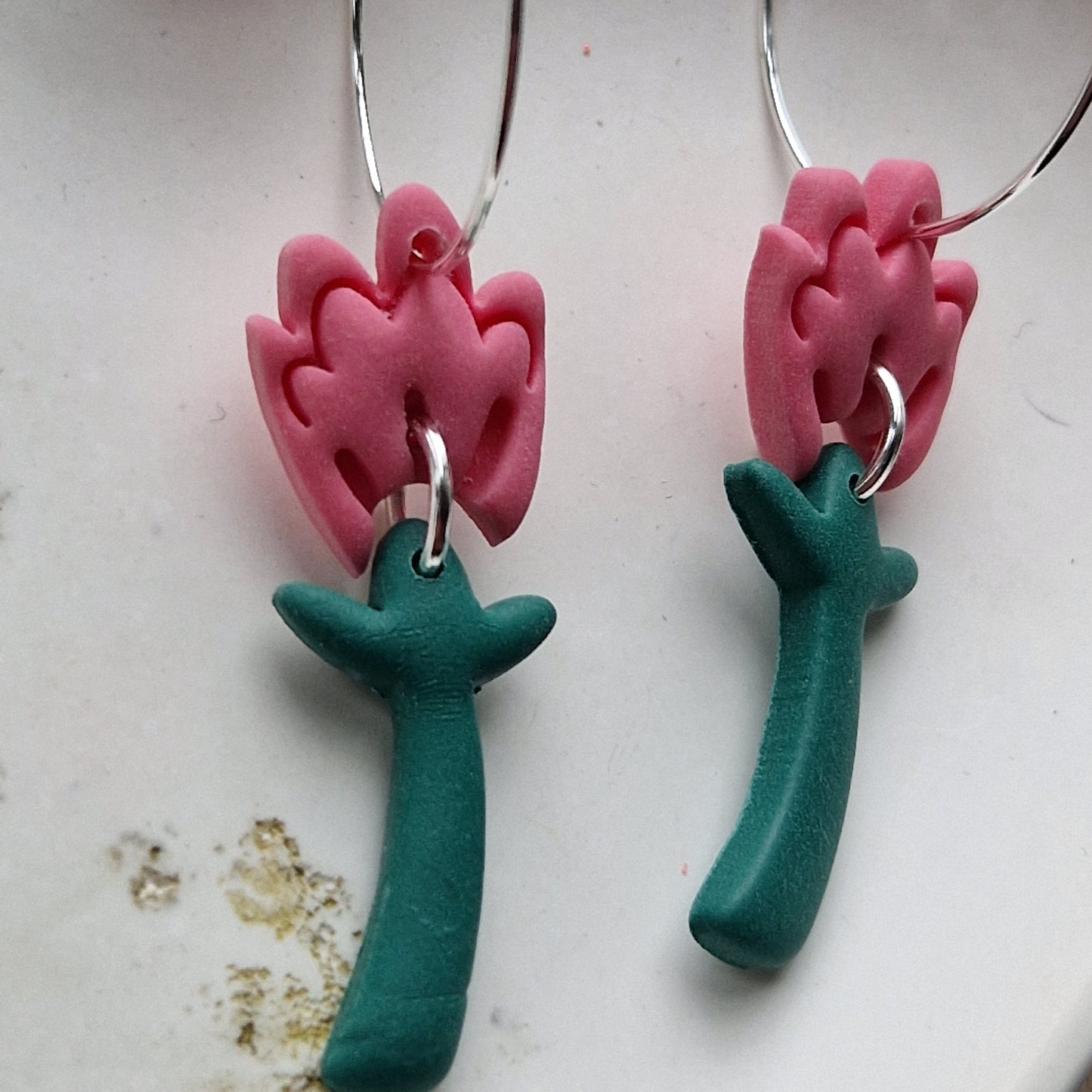 Clay Floral Dangly Earrings - Guava Pink