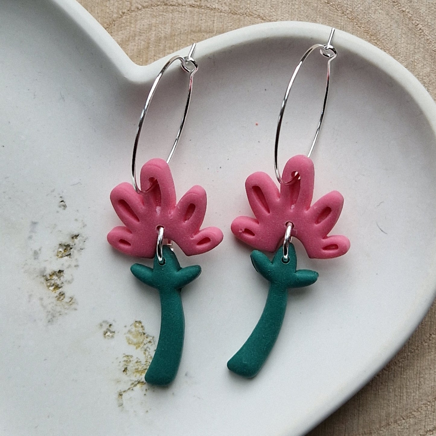 Clay Floral Dangly Earrings - Guava Pink