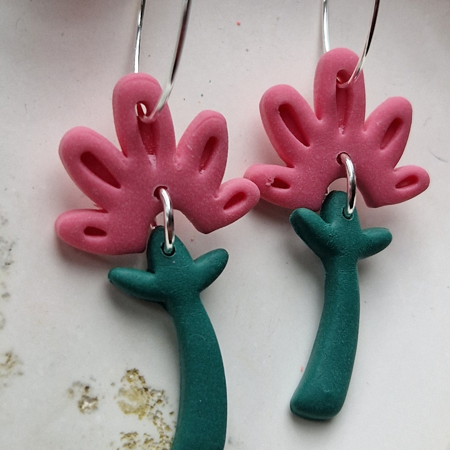 Clay Floral Dangly Earrings - Guava Pink