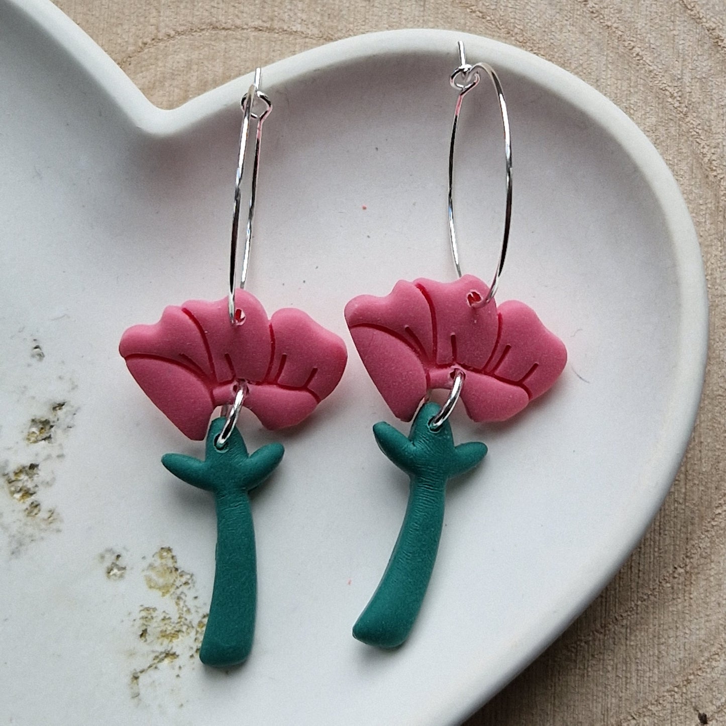 Clay Floral Dangly Earrings - Guava Pink