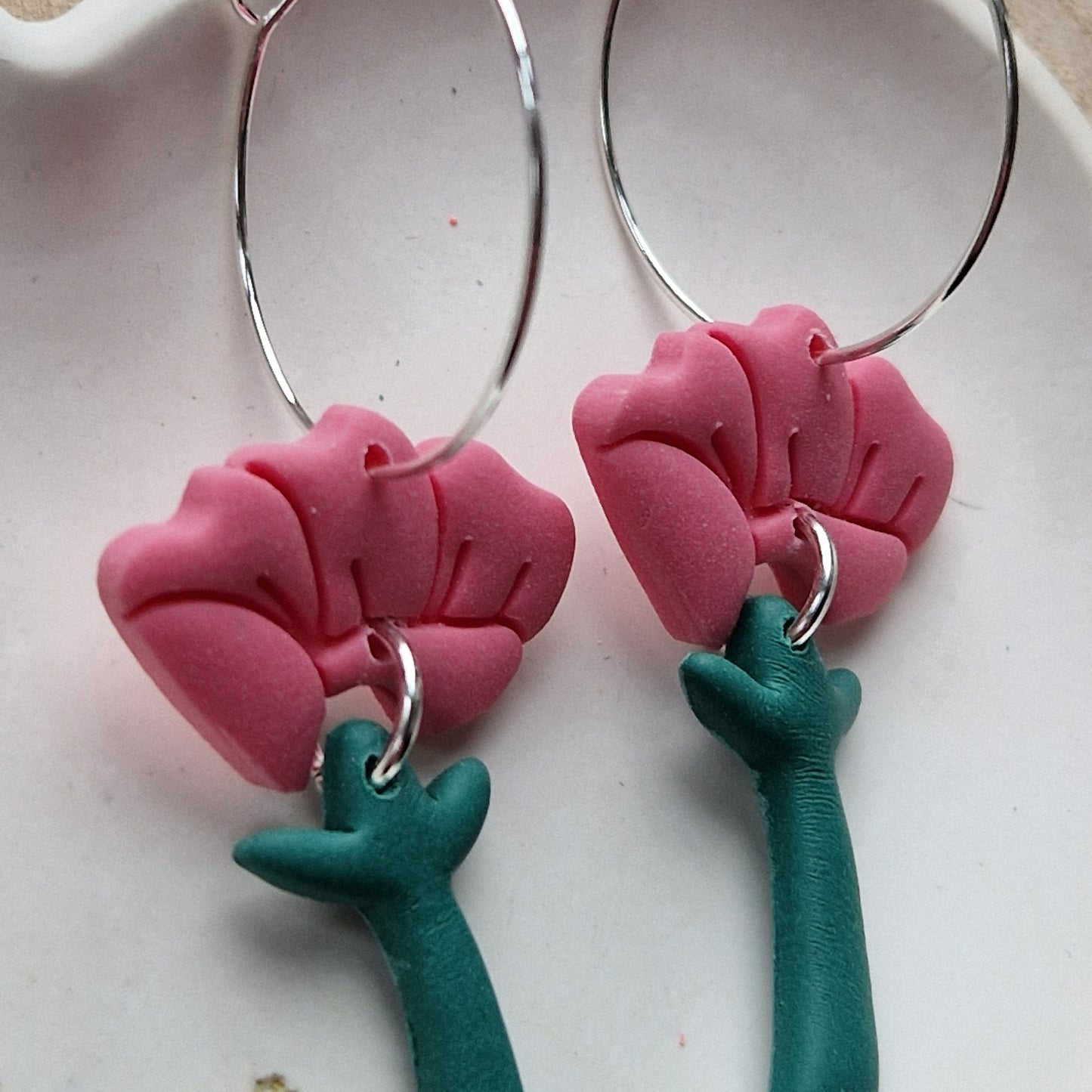 Clay Floral Dangly Earrings - Guava Pink