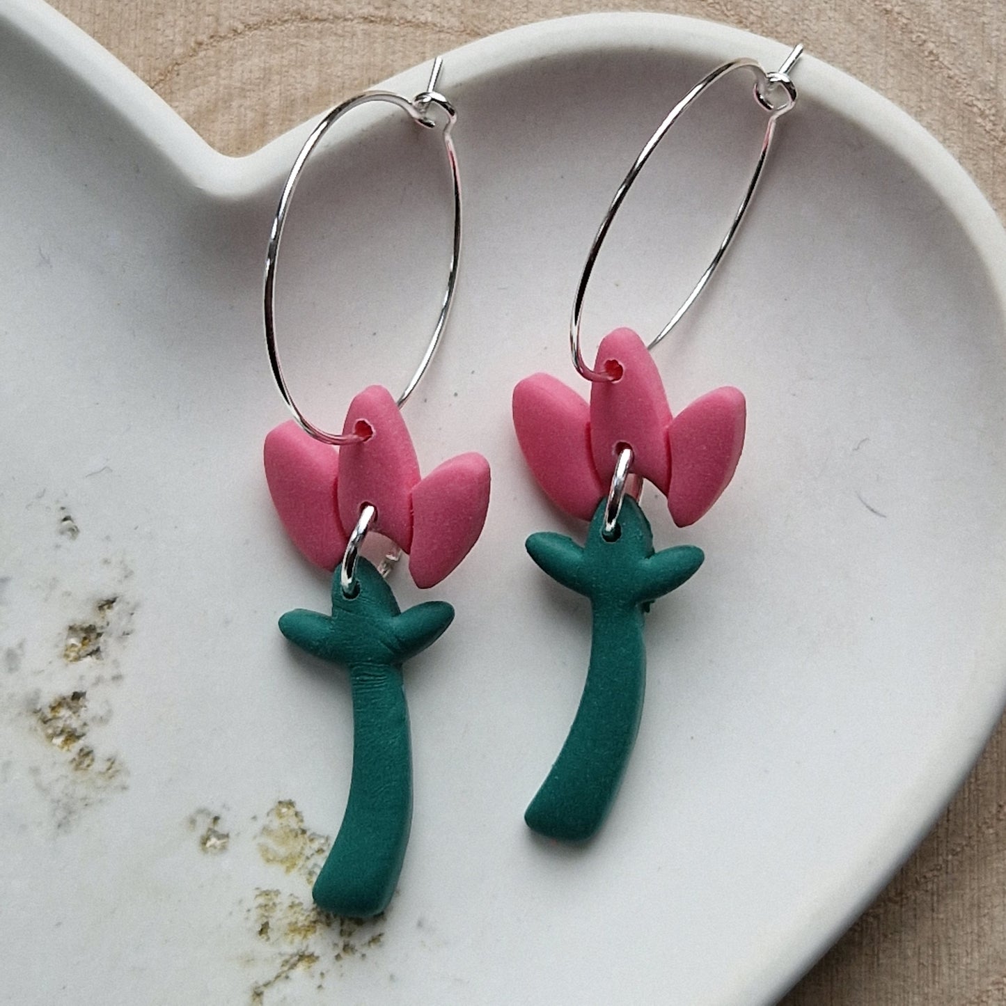 Clay Floral Dangly Earrings - Guava Pink