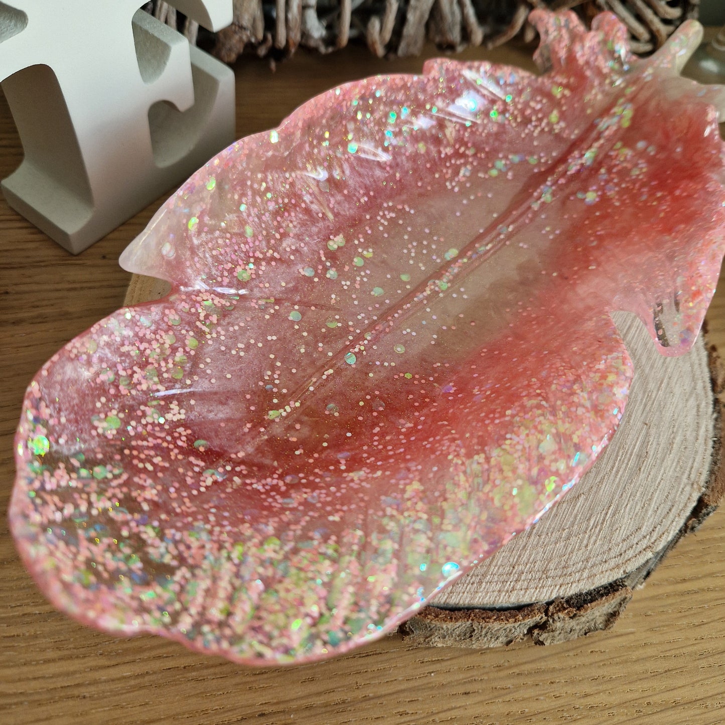 Resin Feather Trinket Dish - Peach Sparkle