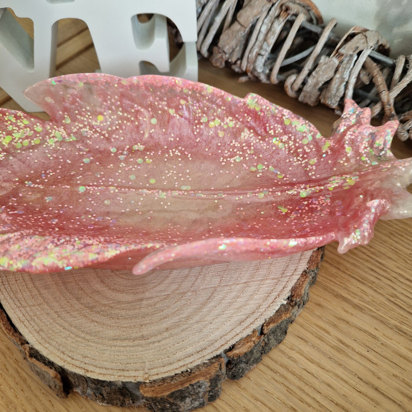 Resin Feather Trinket Dish - Peach Sparkle