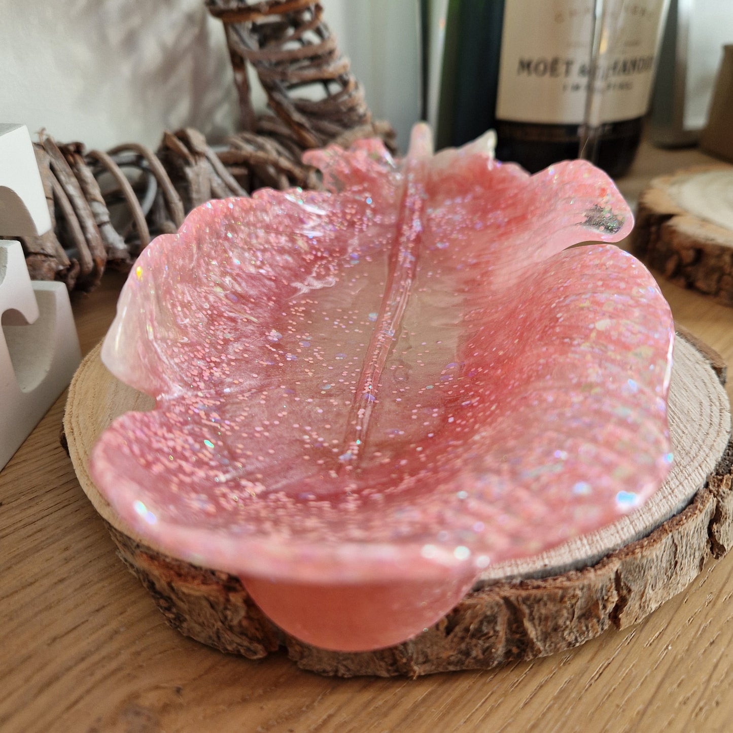 Resin Feather Trinket Dish - Peach Sparkle