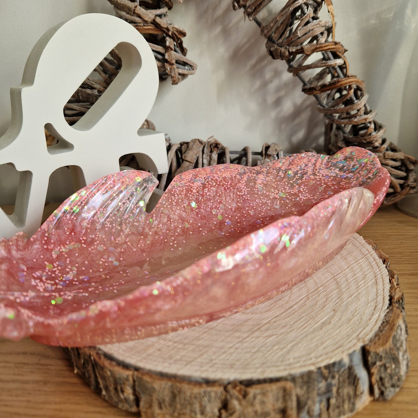 Resin Feather Trinket Dish - Peach Sparkle