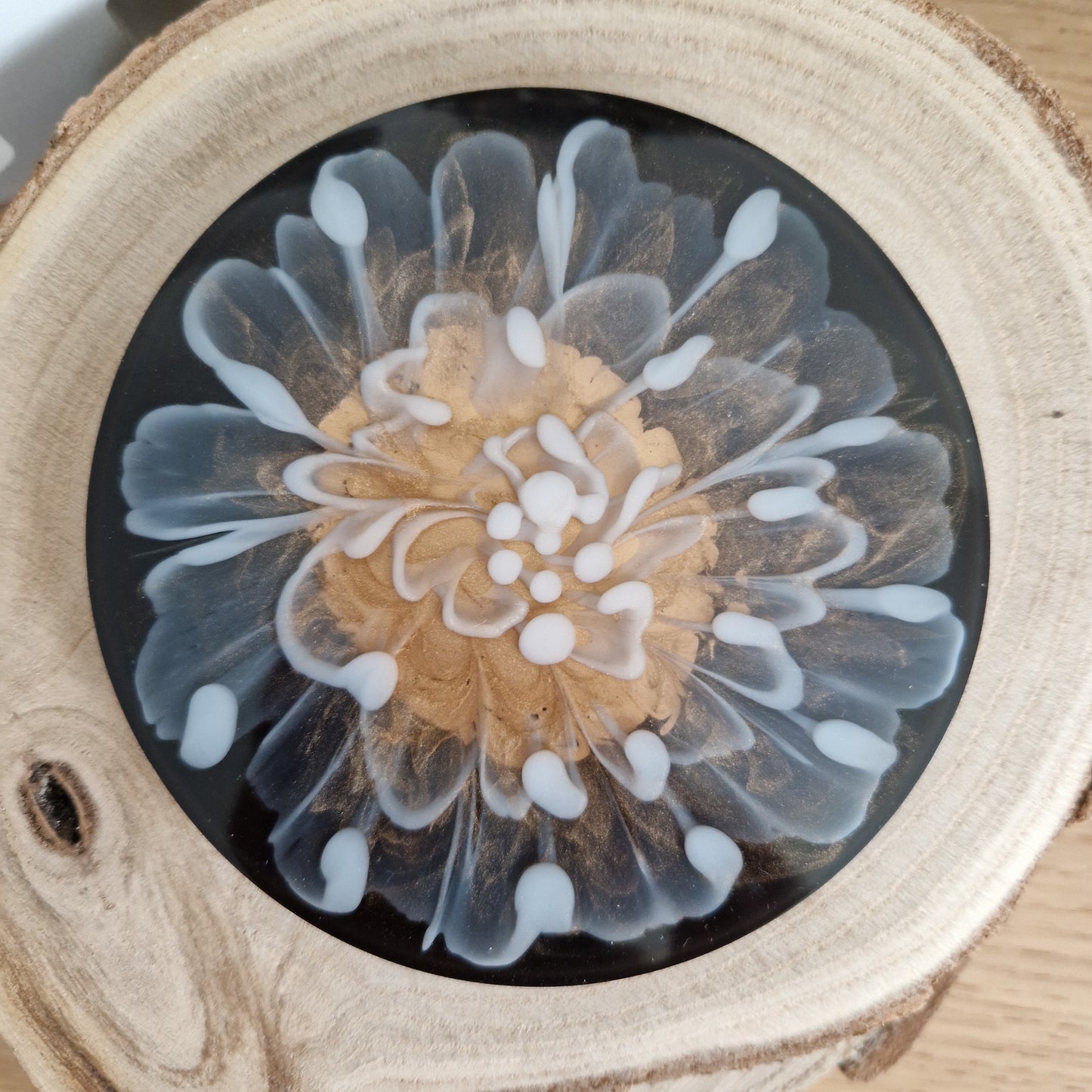 Resin bloom coasters with gold alcohol ink design
