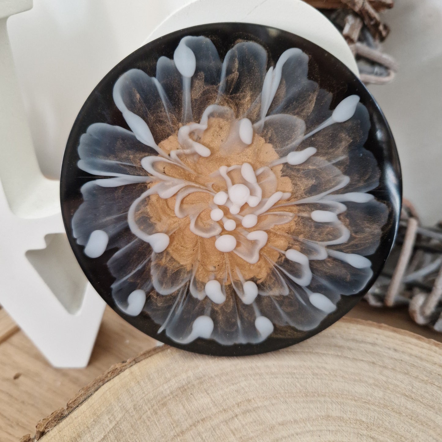 Resin bloom coasters with gold alcohol ink design