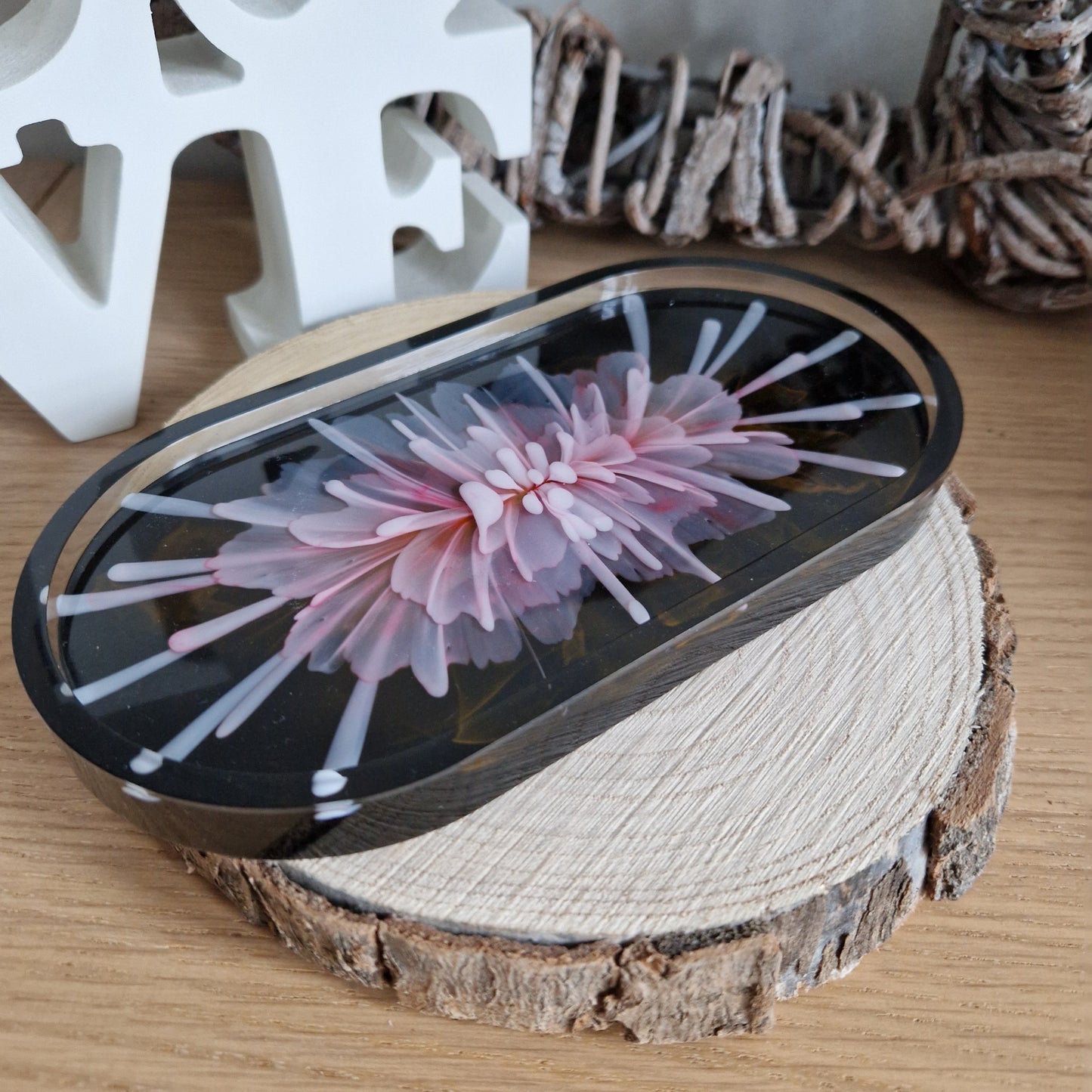 Resin Oval Trinket Dish - Pink and Black Bloom
